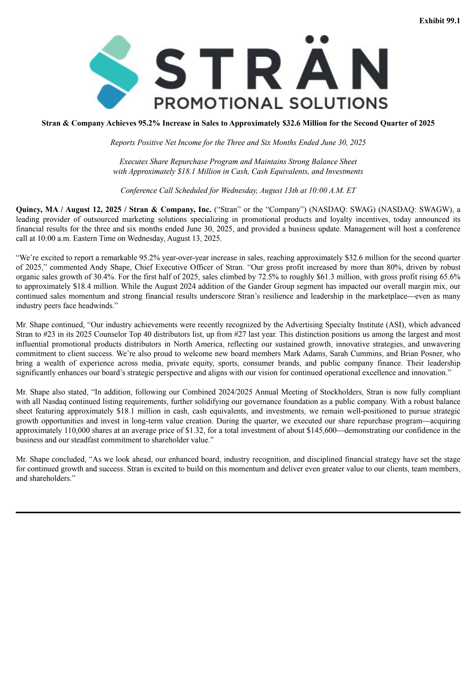 Stran & Company, Inc.'s Q2 2025 Press Release