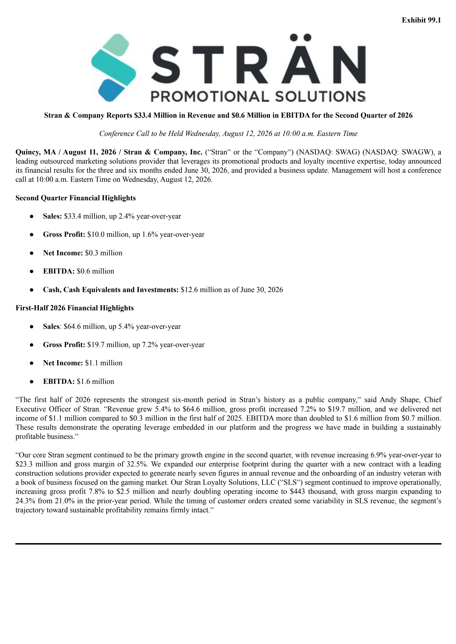 Stran & Company, Inc.'s Q2 2026 Press Release