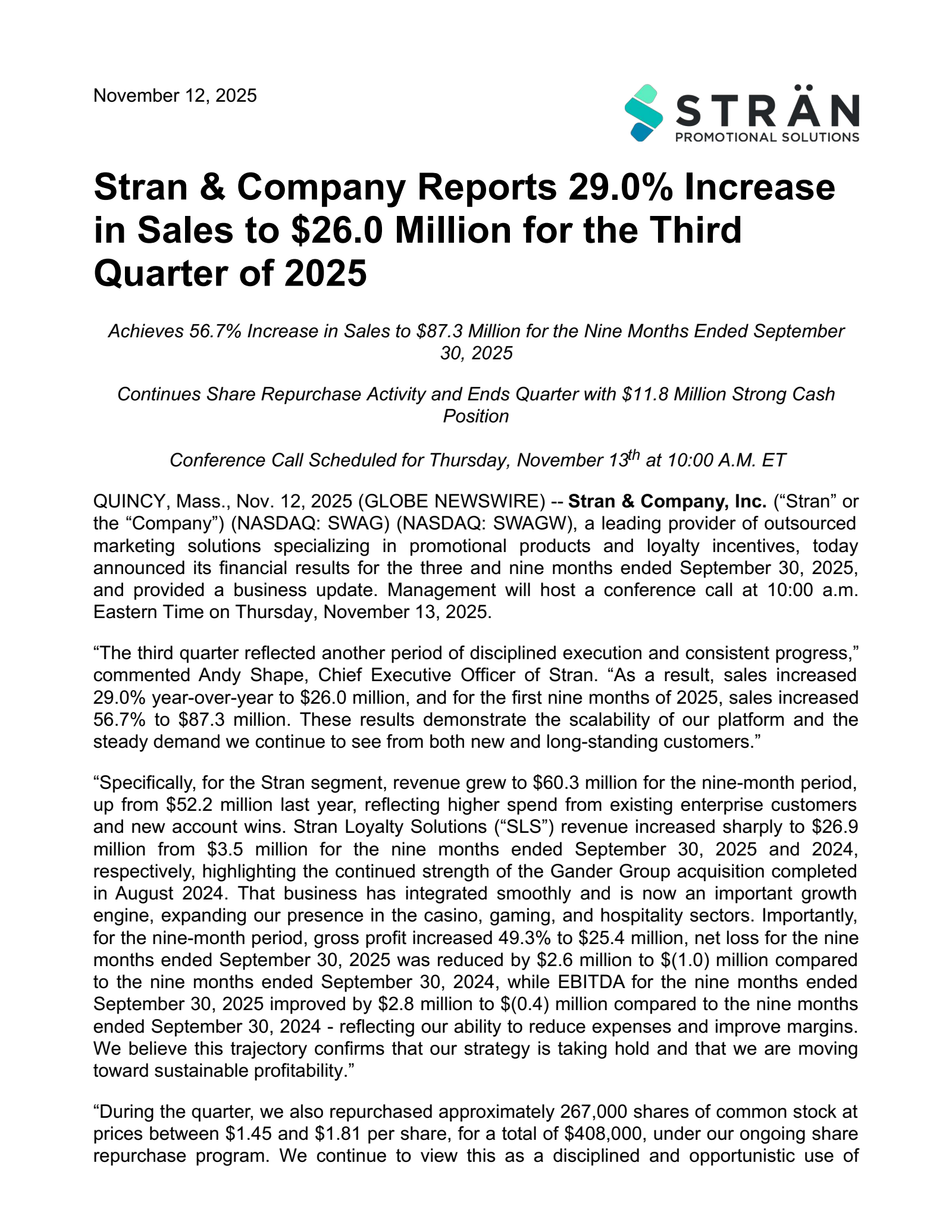 Stran & Company, Inc.'s Q3 2025 Earnings Release