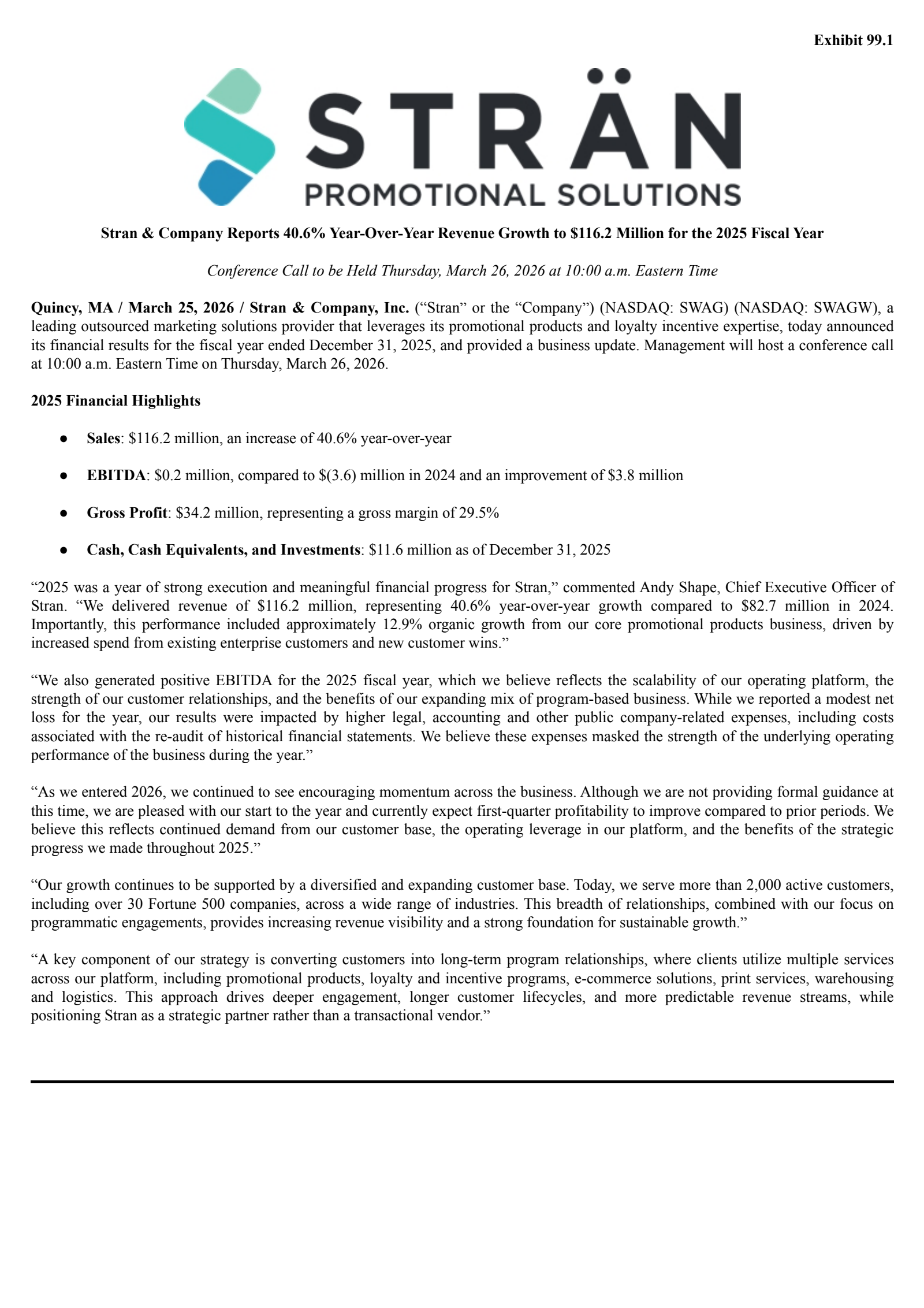 Stran & Company, Inc.'s Q4 2025 Press Release