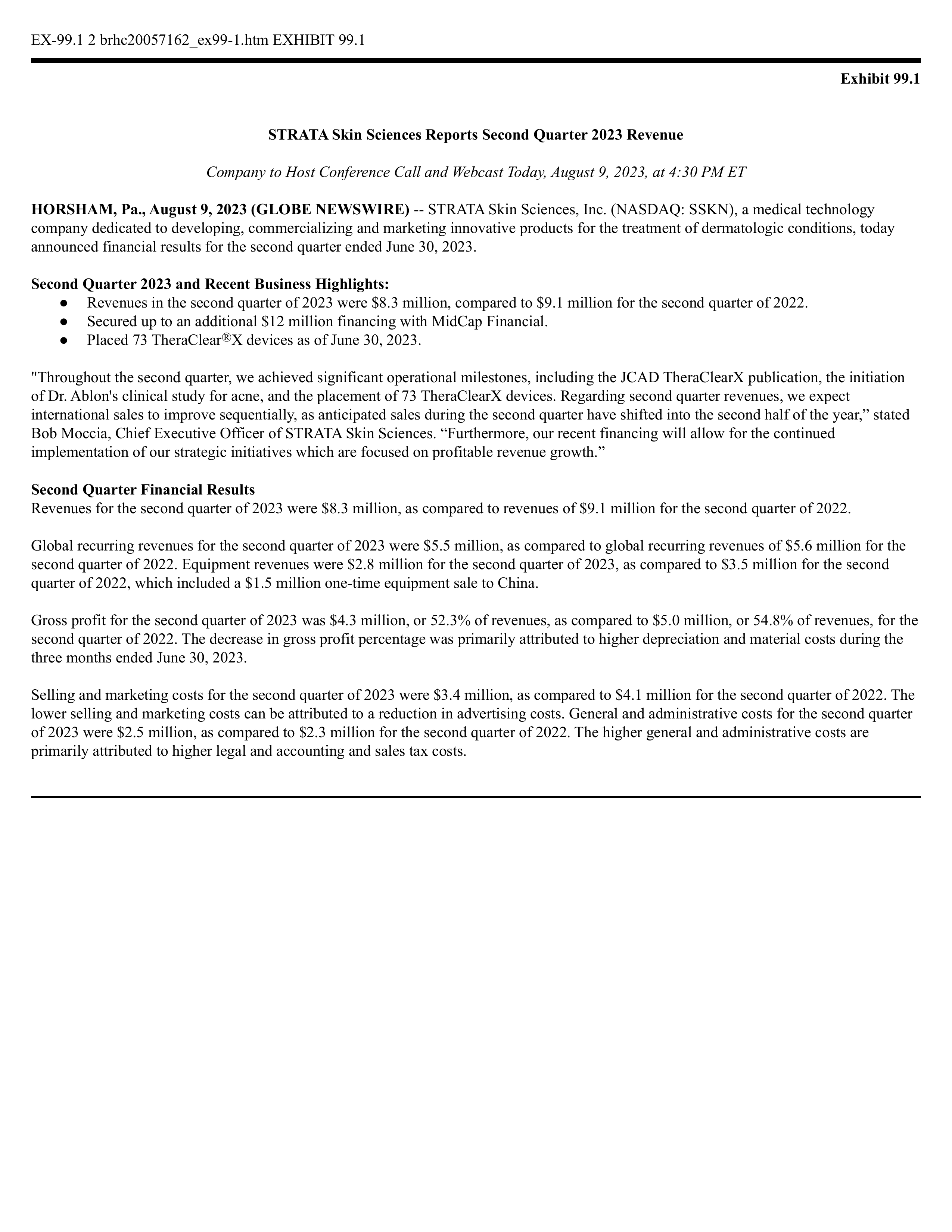 STRATA Skin Sciences' Q2 2023 Press Release