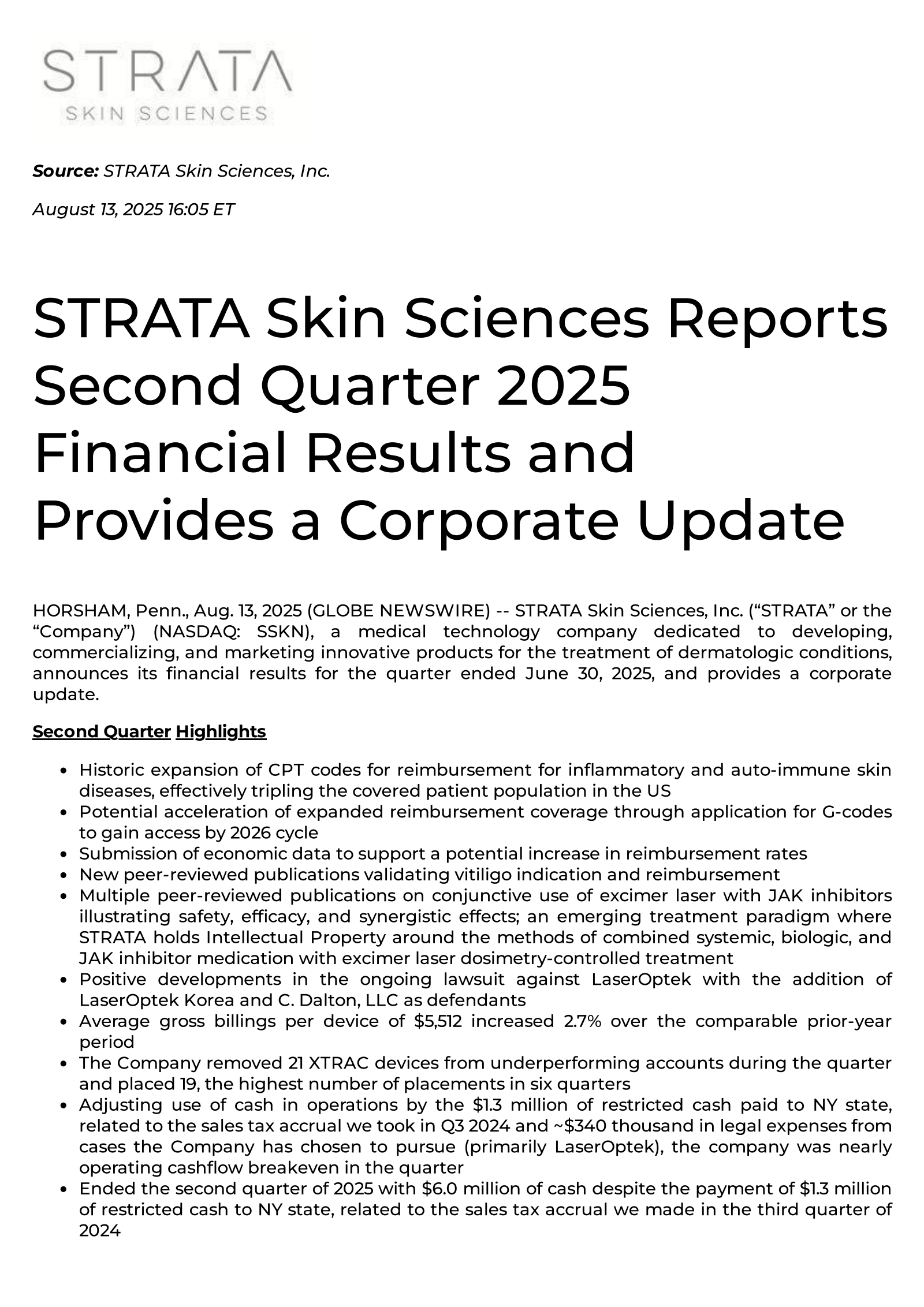 Strata Skin Sciences' Q2 2025 Press Release