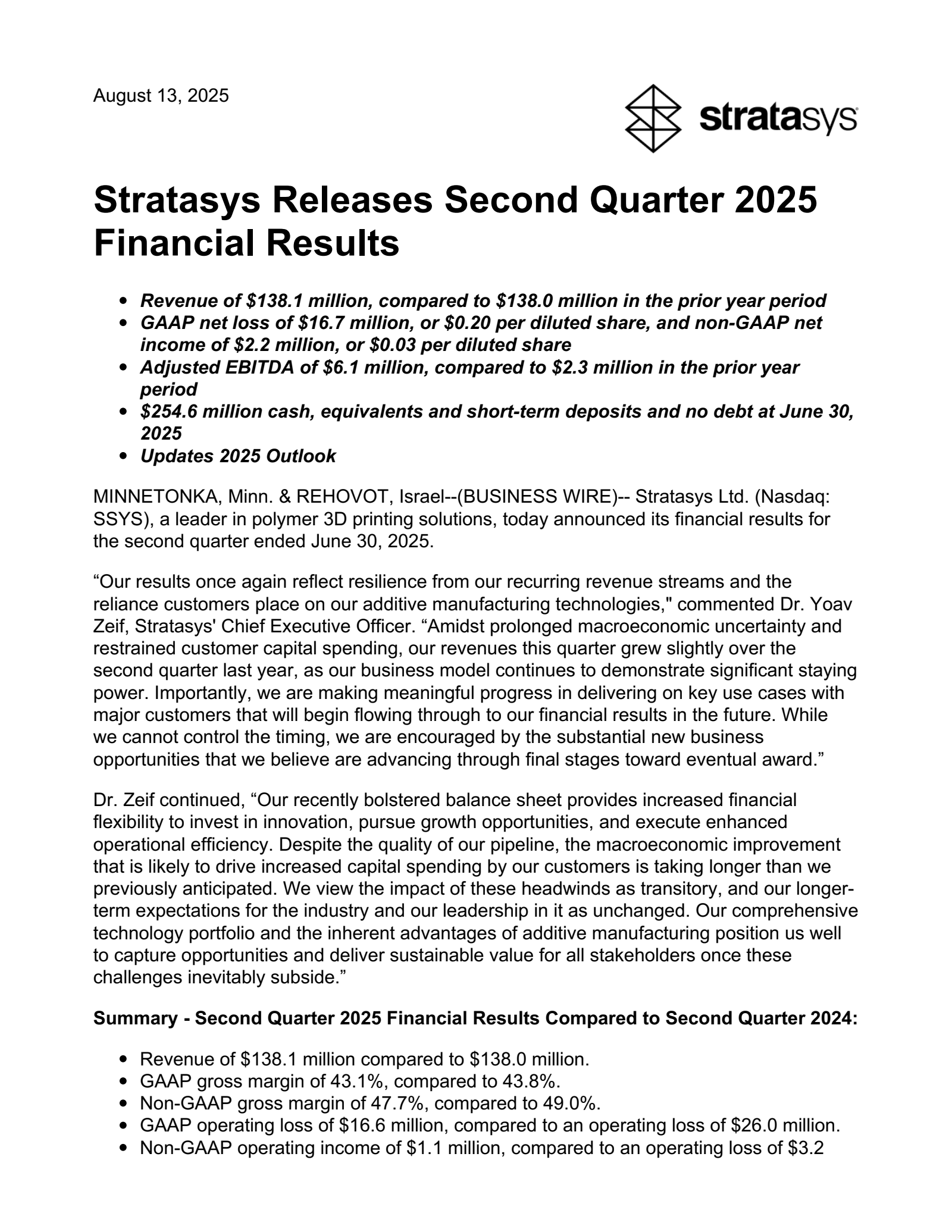 Stratasys' Q2 2025 Press Release