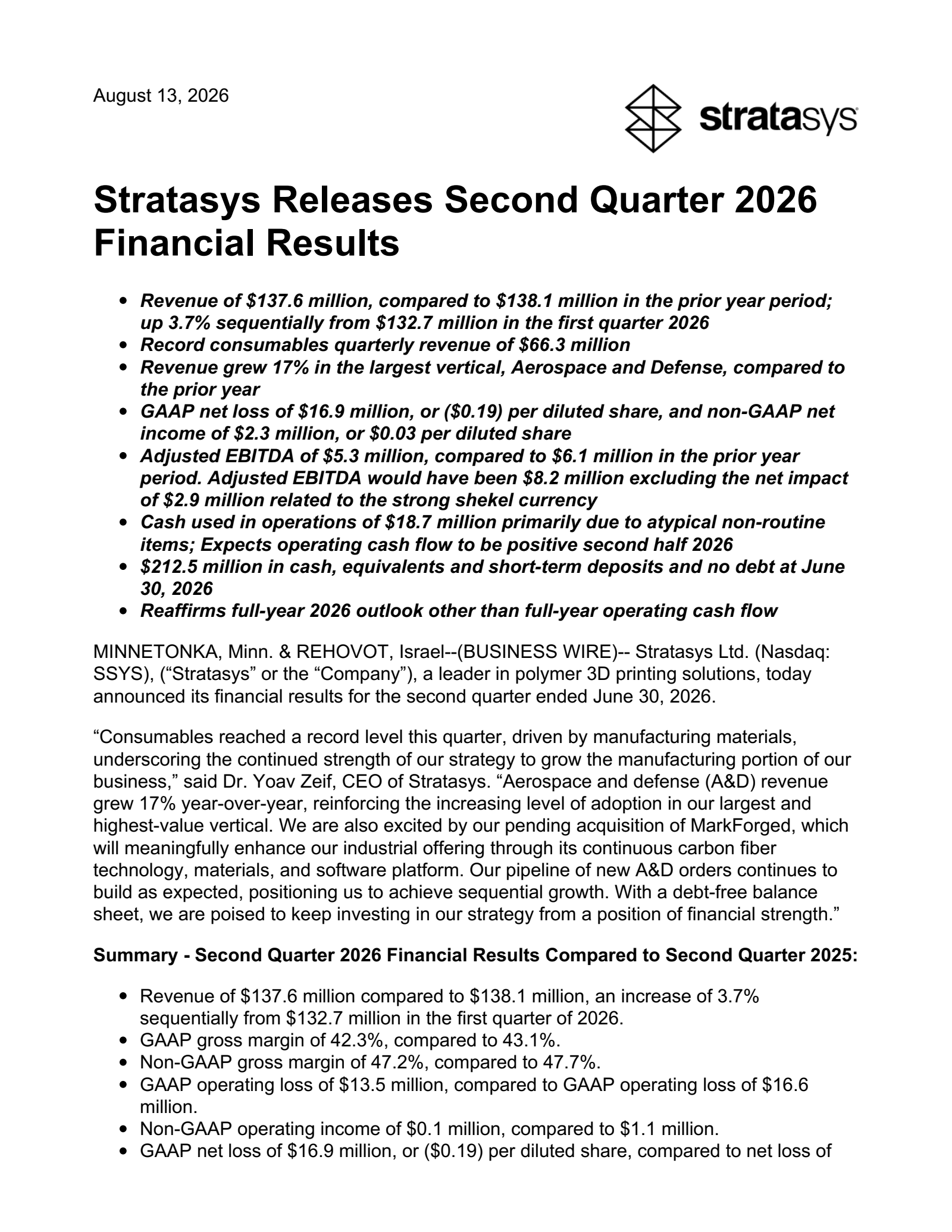 Stratasys' Q2 2026 Press Release