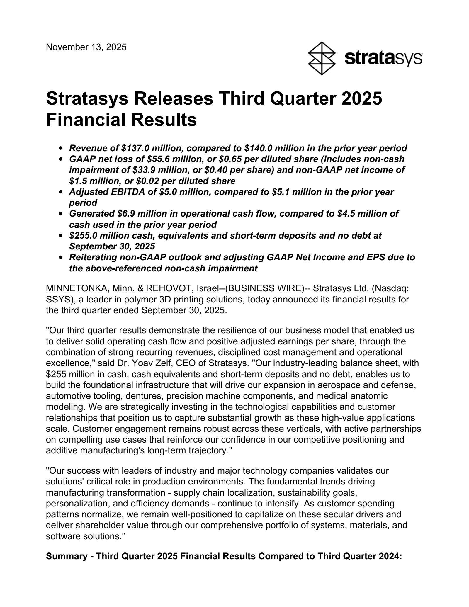 Stratasys' Q3 2025 Earnings Release