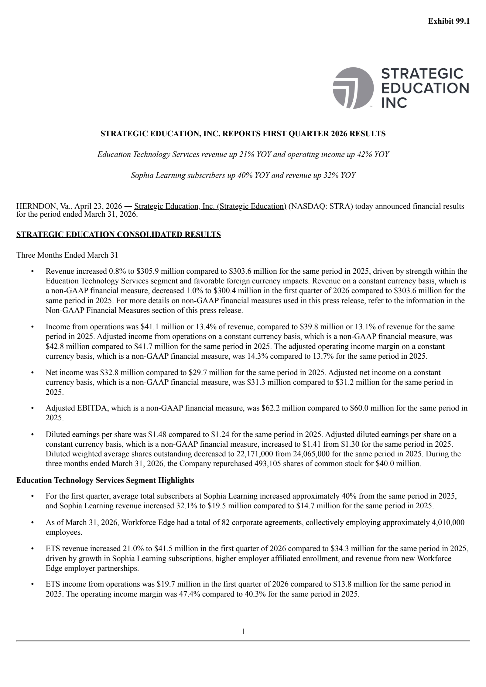 Strategic Education's Q1 2026 Press Release