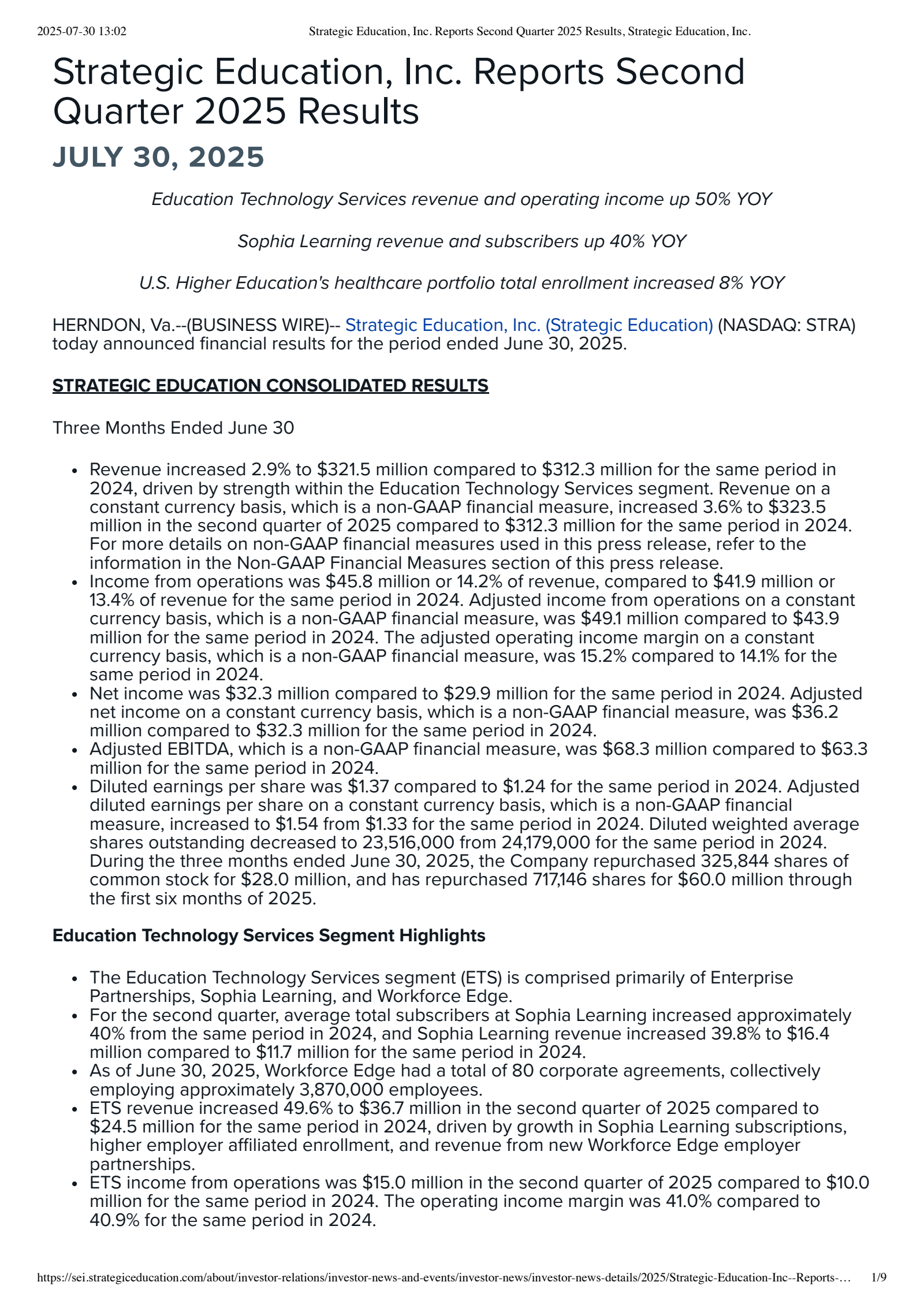 Strategic Education's Q2 2025 Press Release