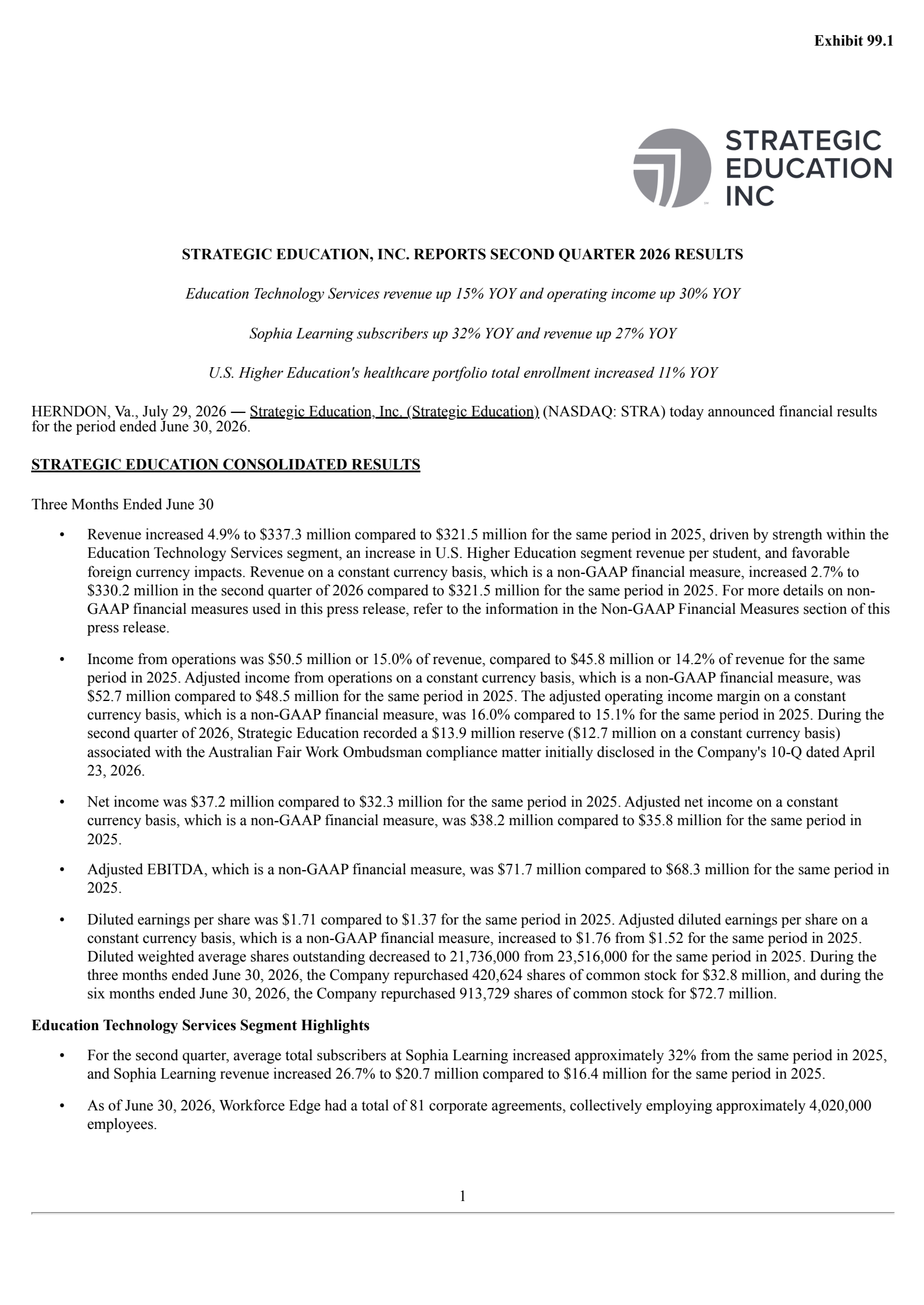 Strategic Education's Q2 2026 Press Release