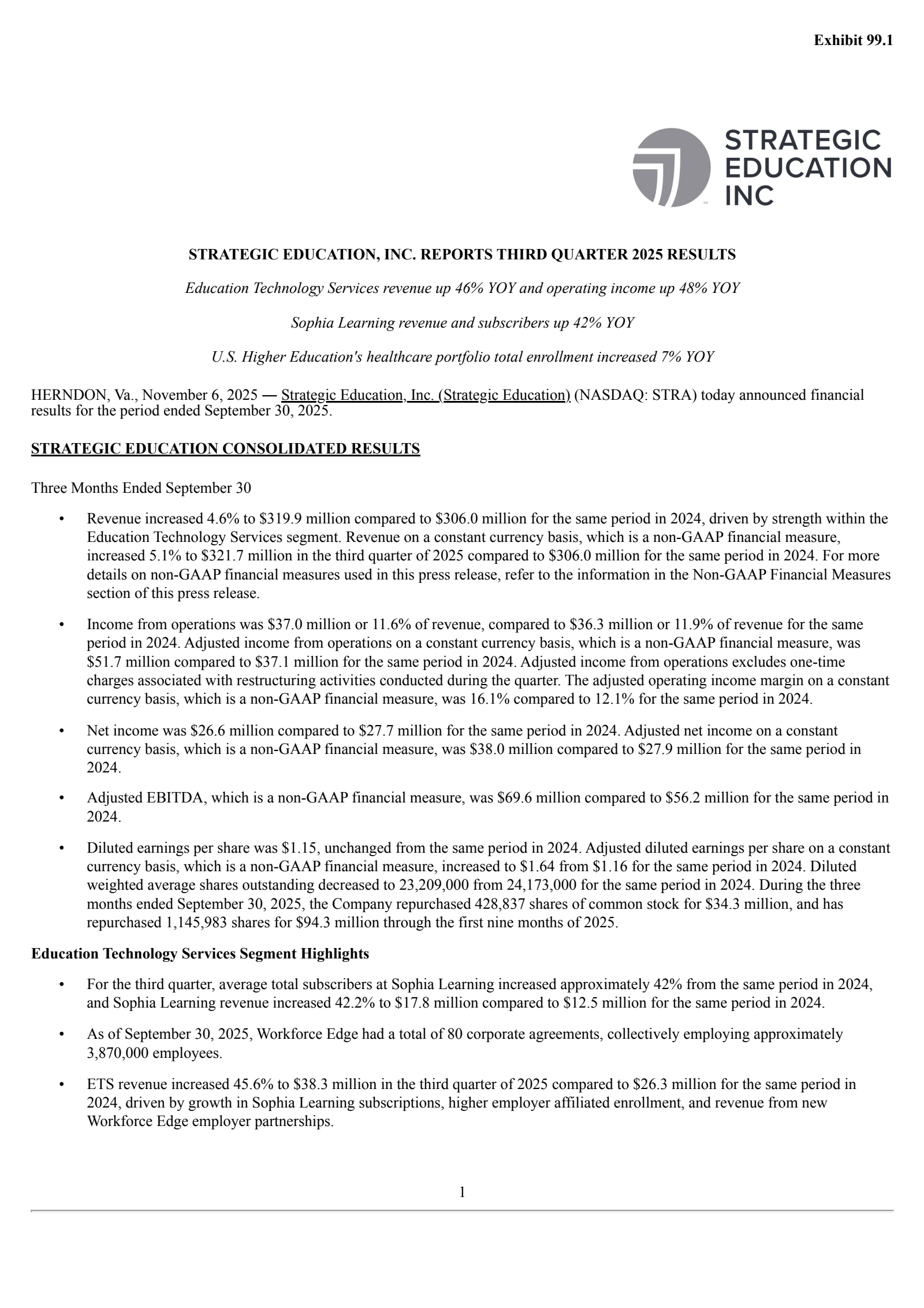Strategic Education's Q3 2025 Earnings Release