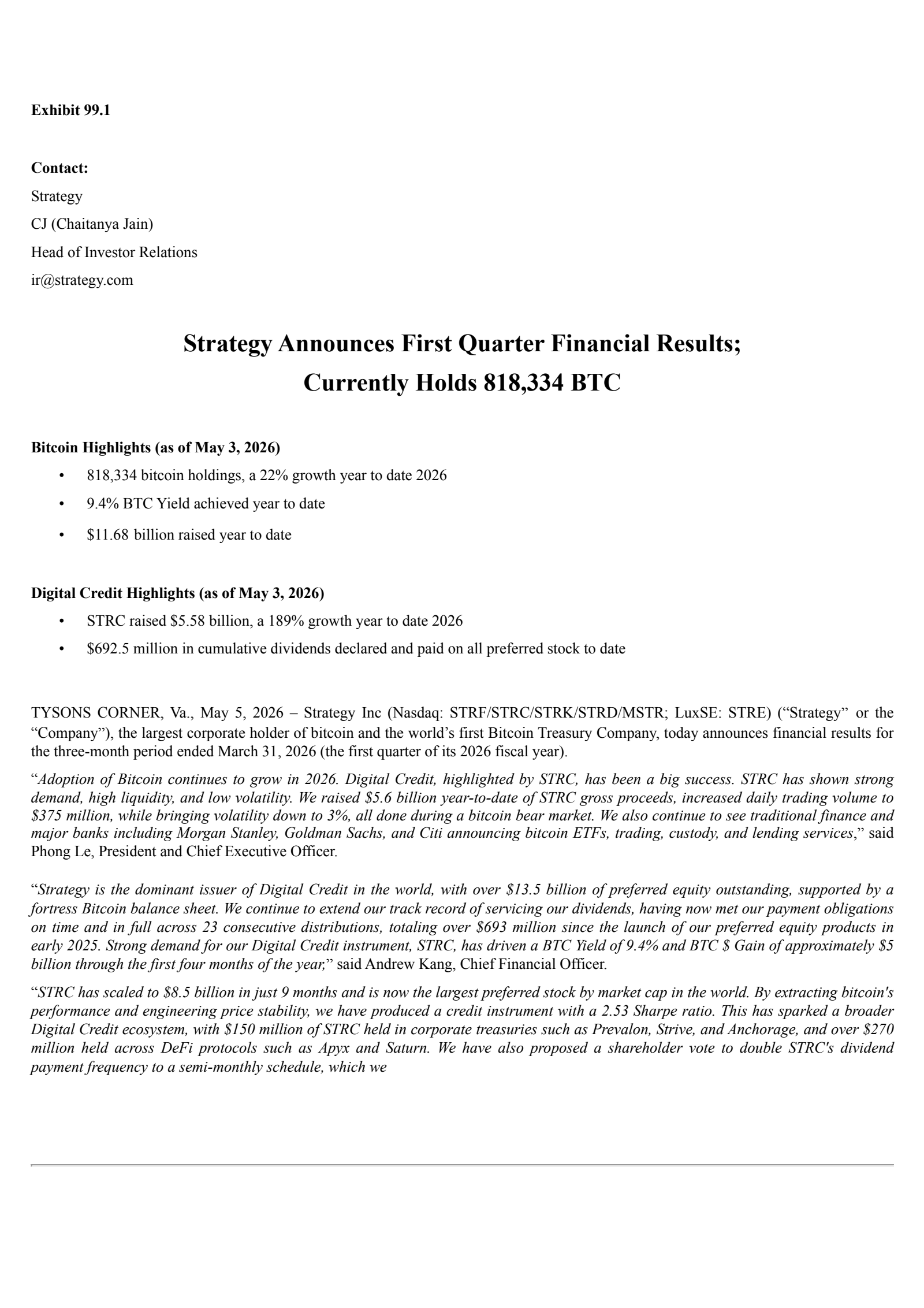 Strategy's Q1 2026 Press Release
