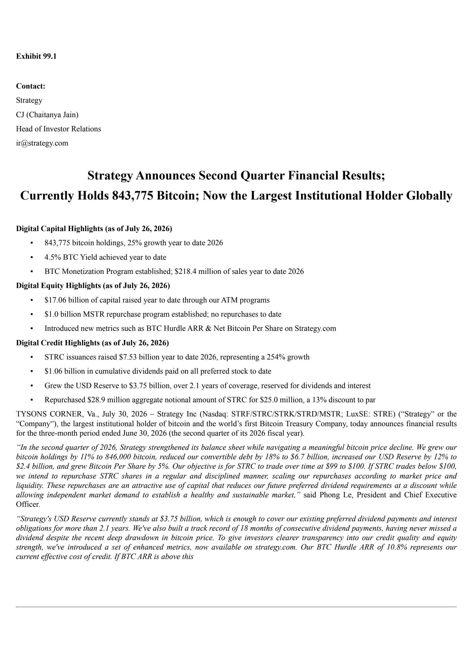 Strategy's Q2 2026 Press Release