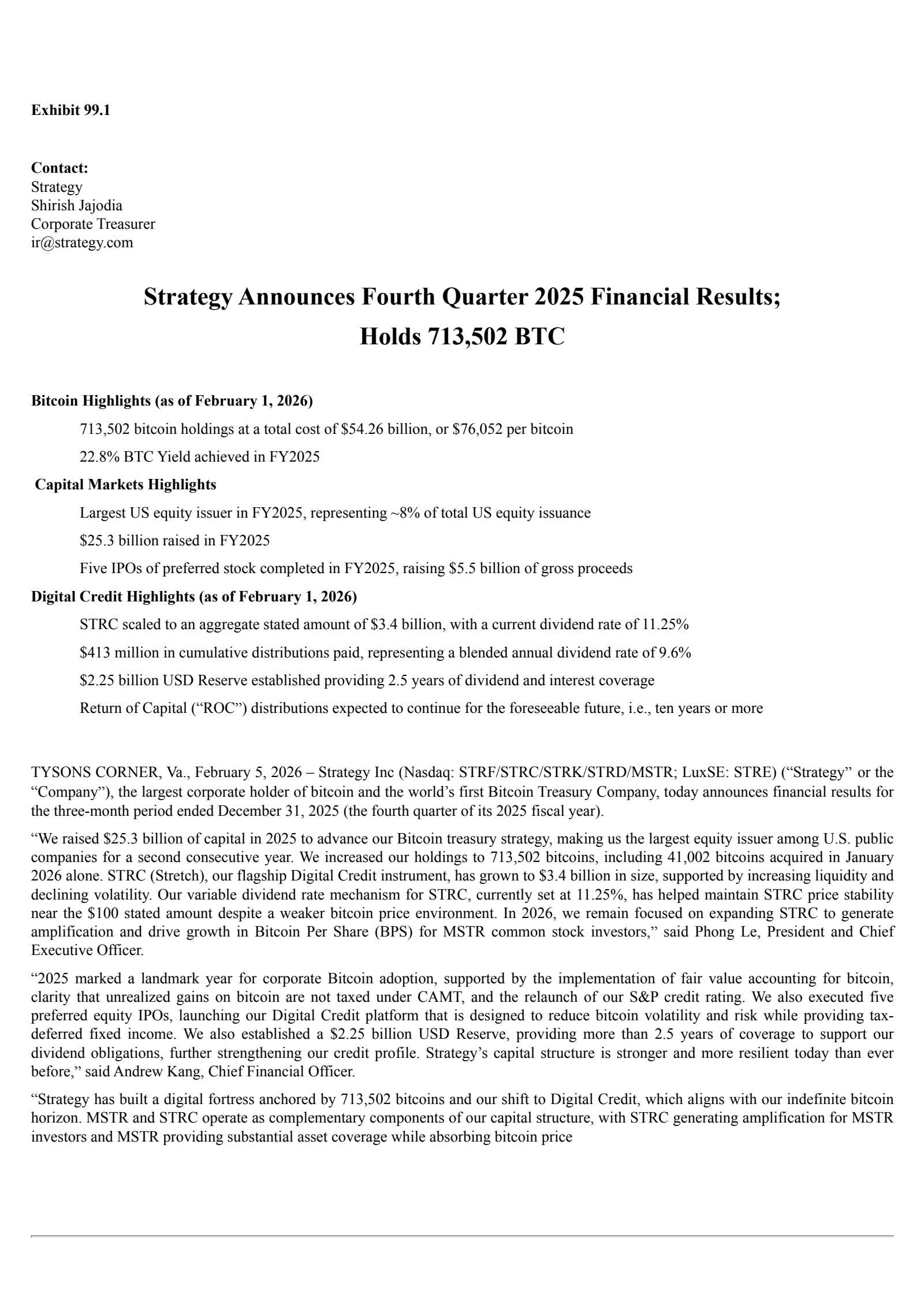 Strategy's Q4 2025 Press Release