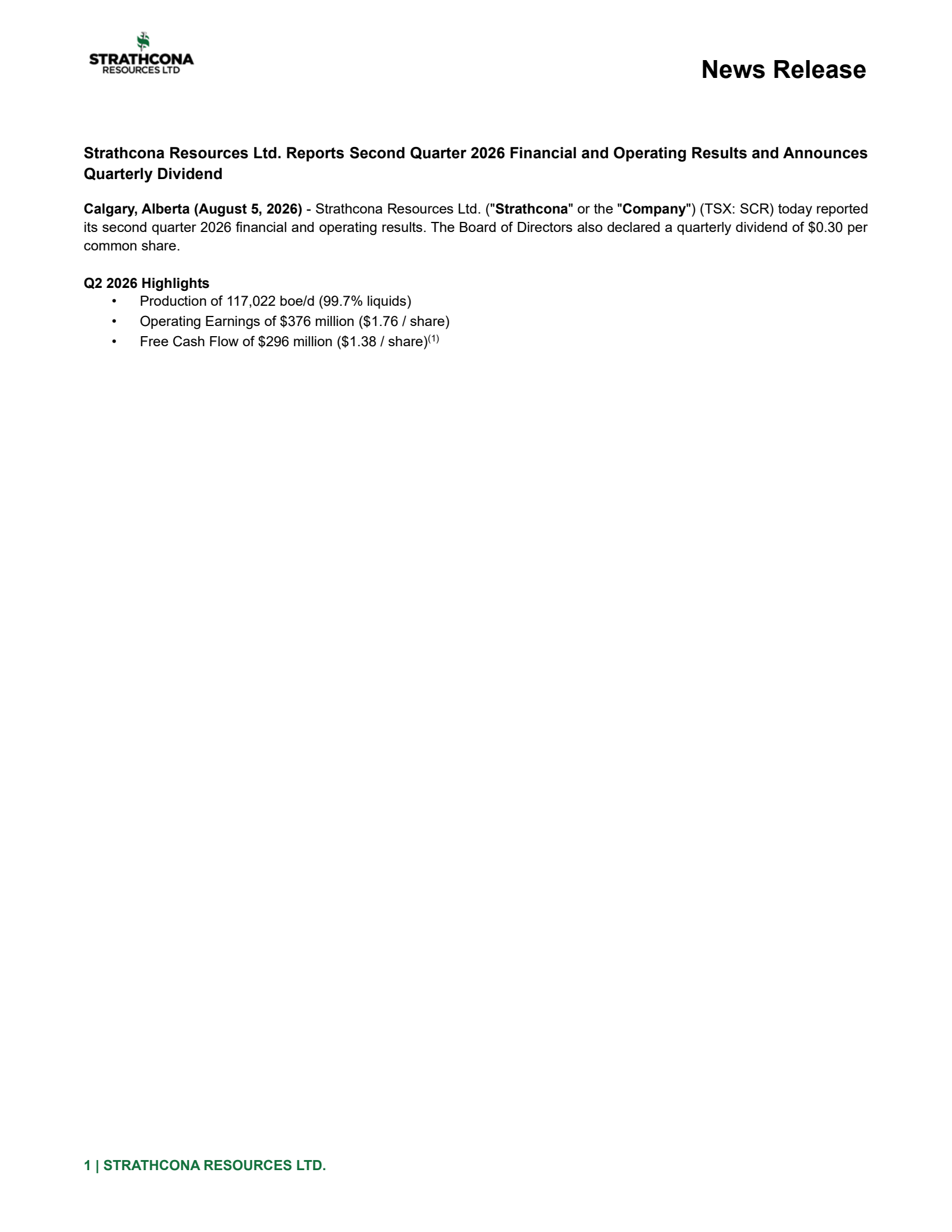 Strathcona Resources' Q2 2026 Press Release