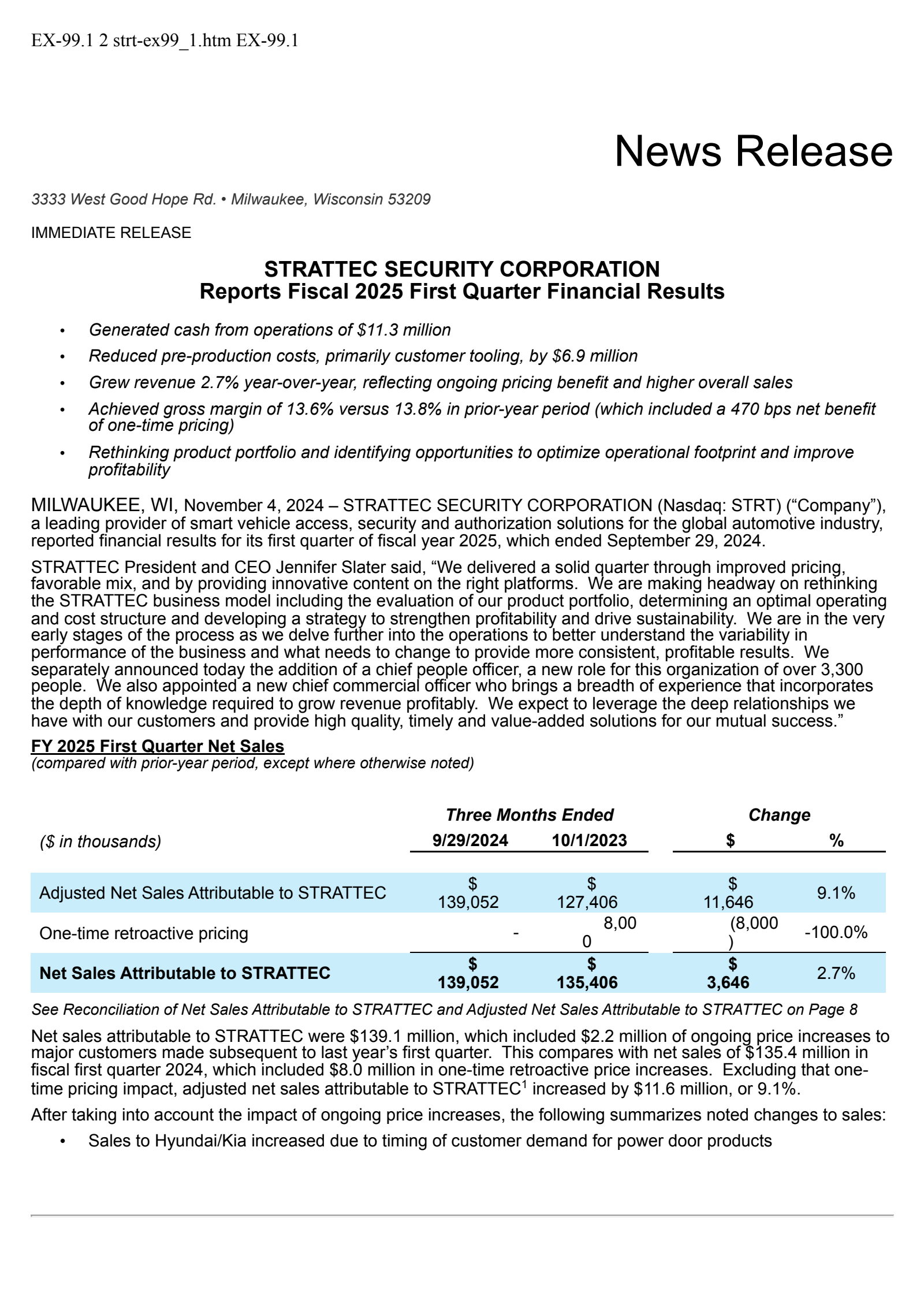 Strattec Security's Q1 2025 Press Release