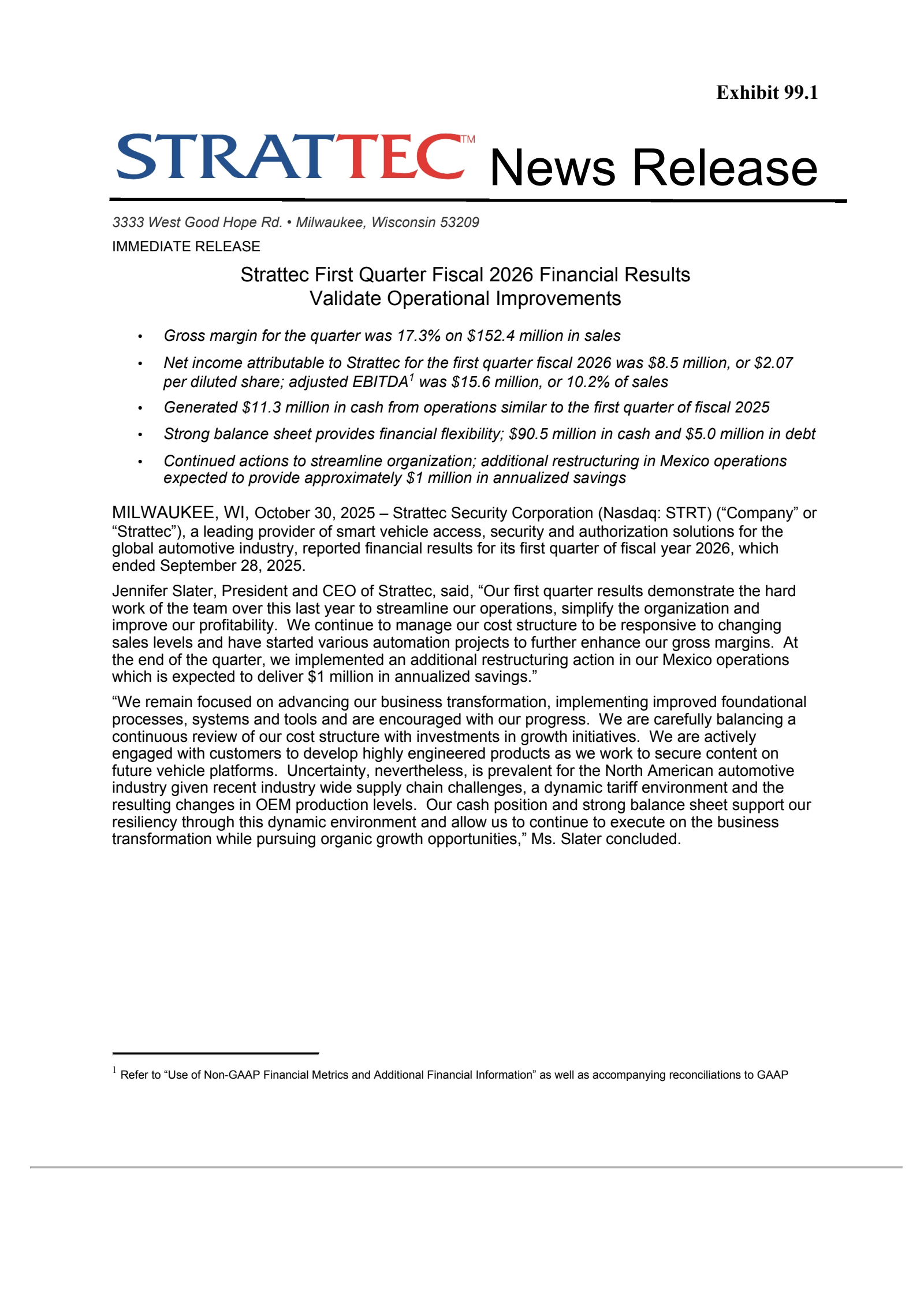 Strattec Security's Q1 2026 Earnings Release