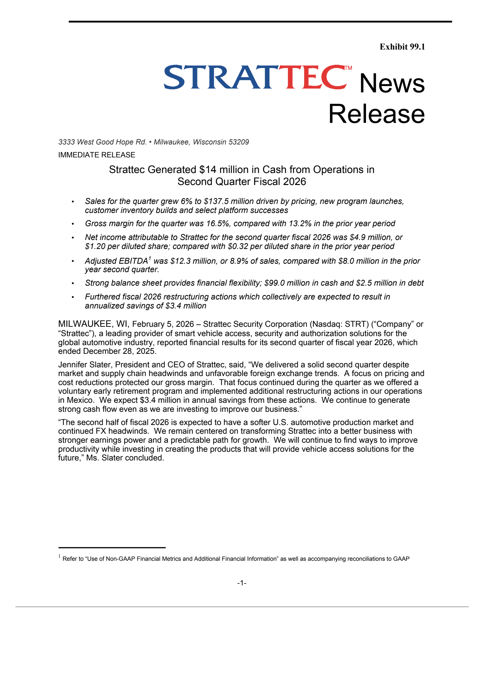 Strattec Security's Q2 2026 Press Release