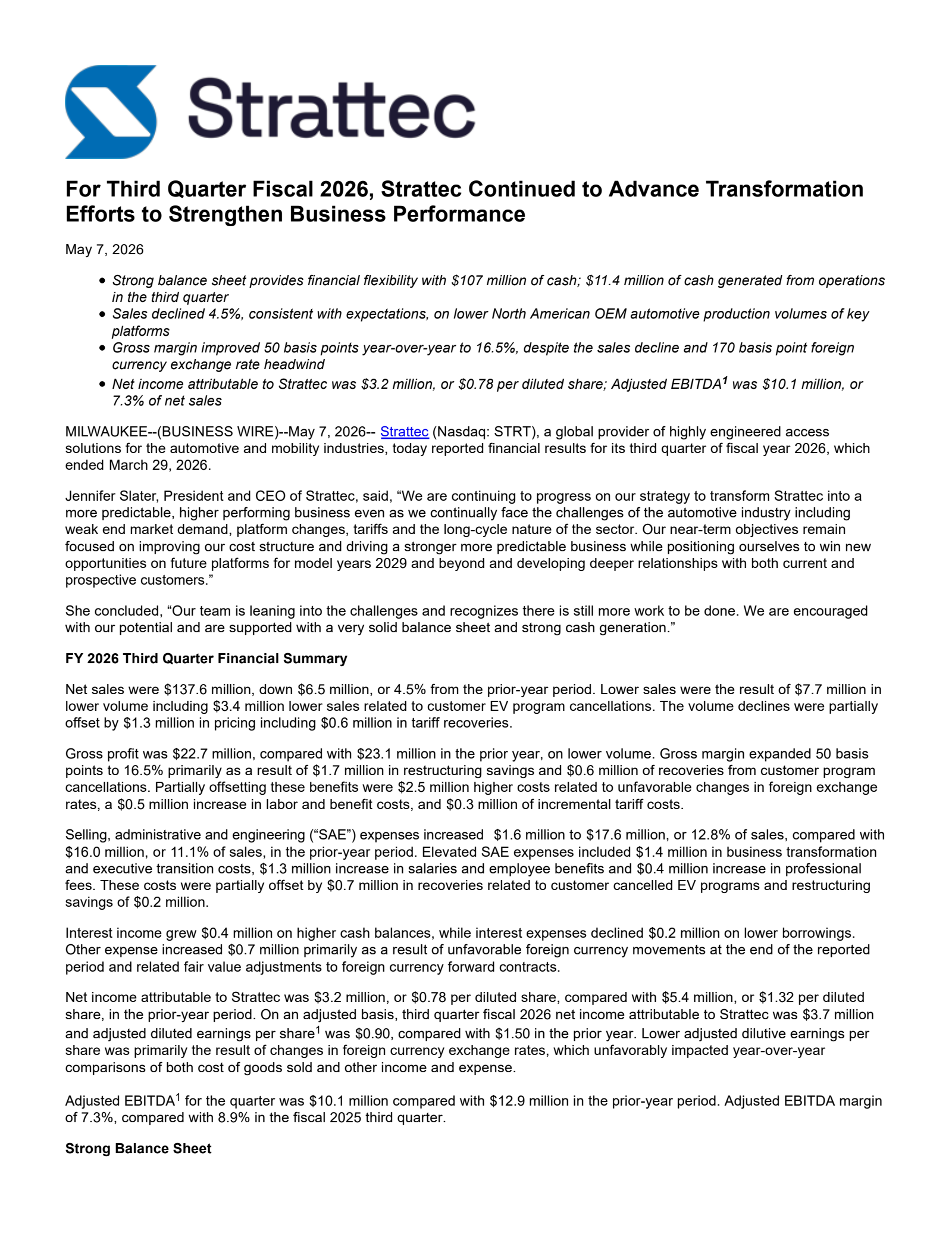 Strattec Security's Q3 2026 Press Release