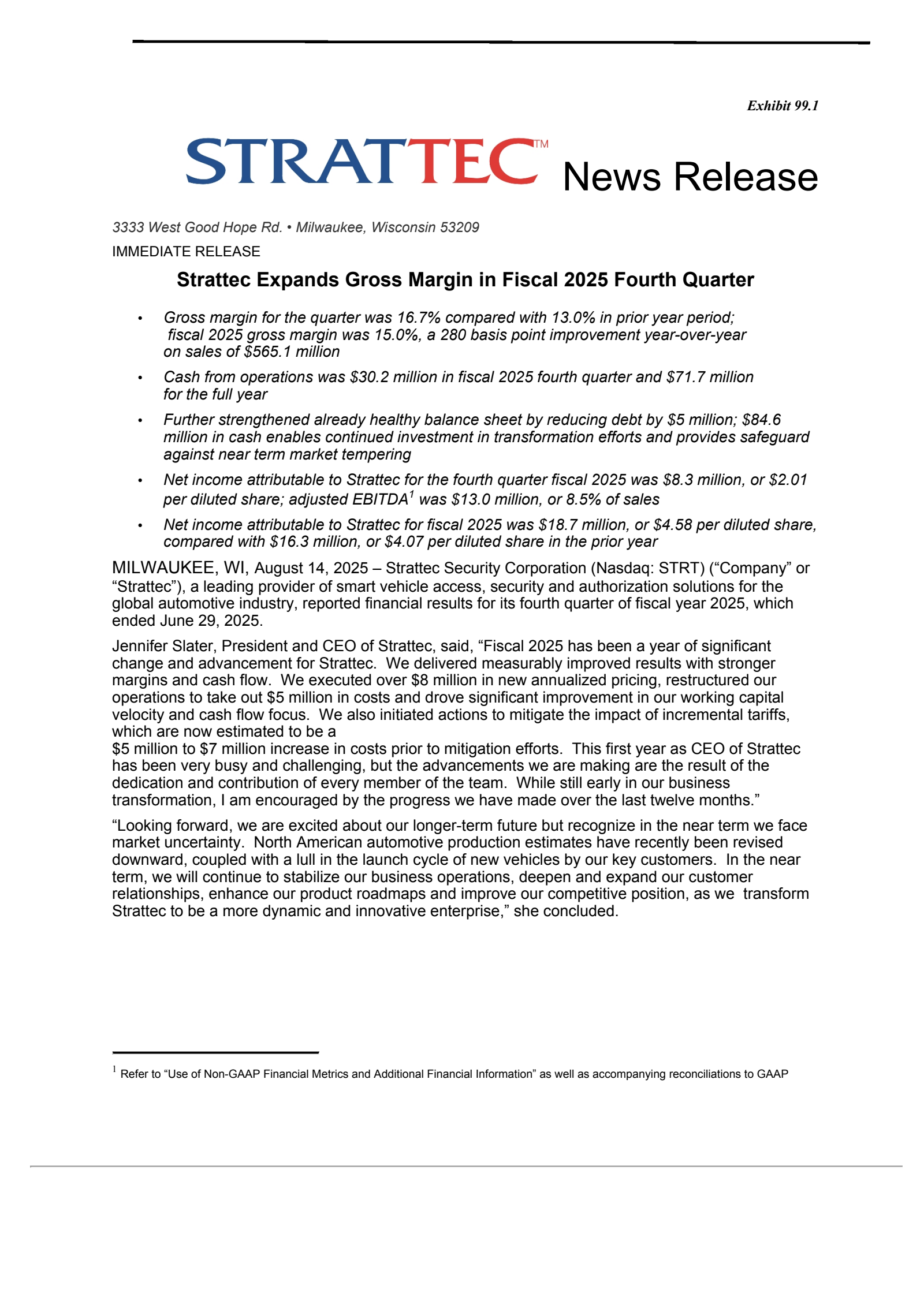 Strattec Security's Q4 2025 Press Release