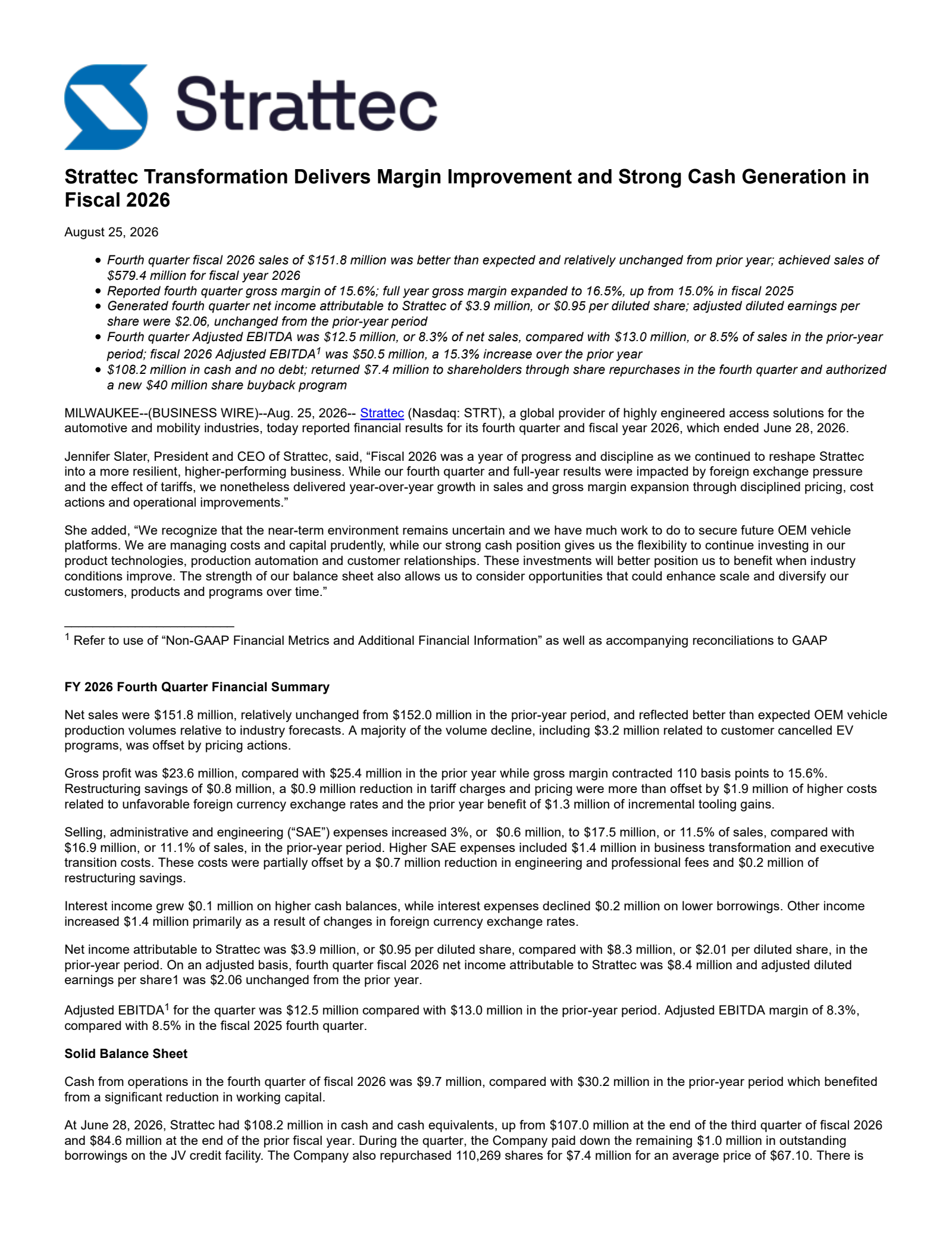 Strattec Security's Q4 2026 Press Release