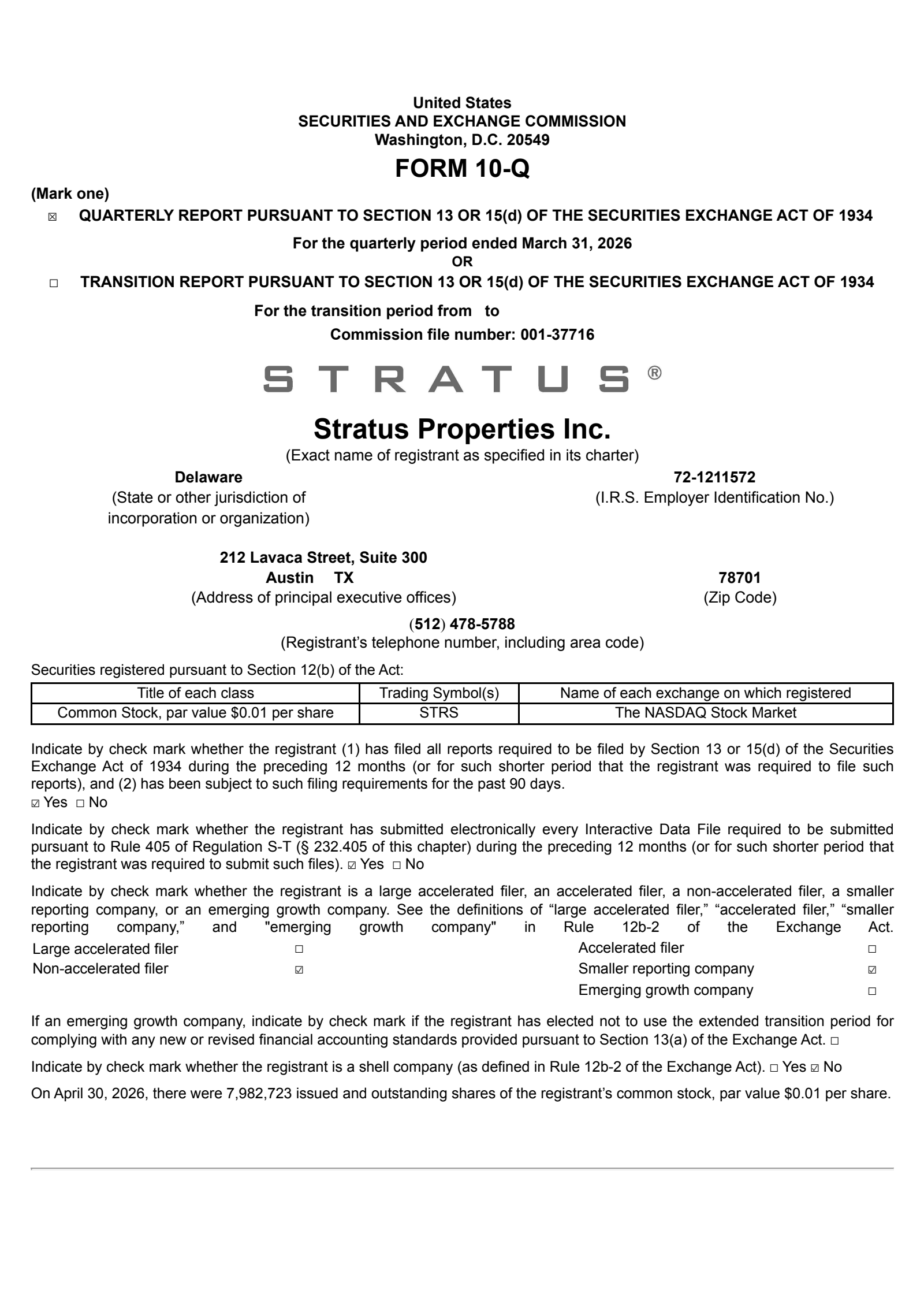 Stratus Properties' Q1 2026 Quarterly report