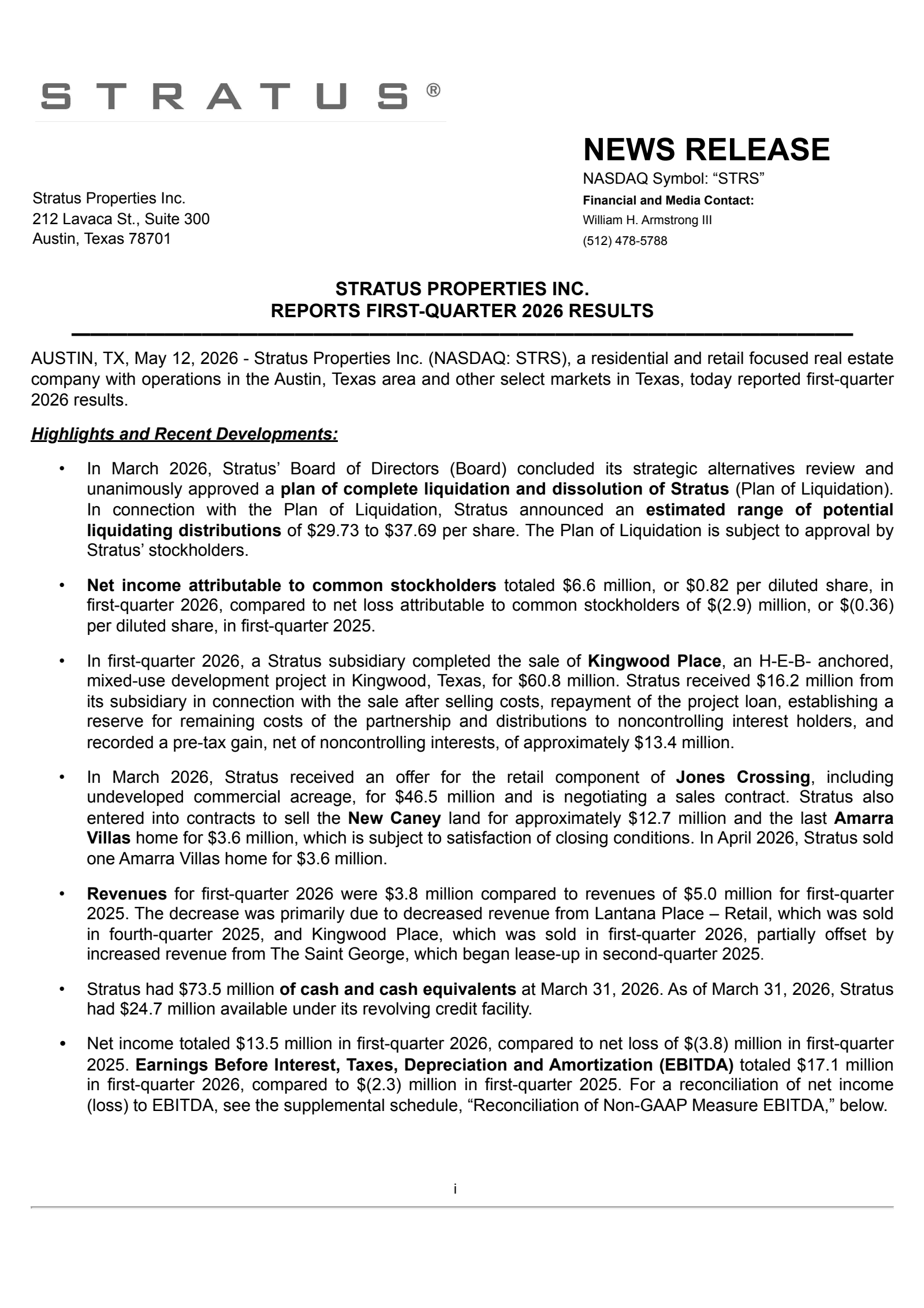 Stratus Properties' Q1 2026 Press Release