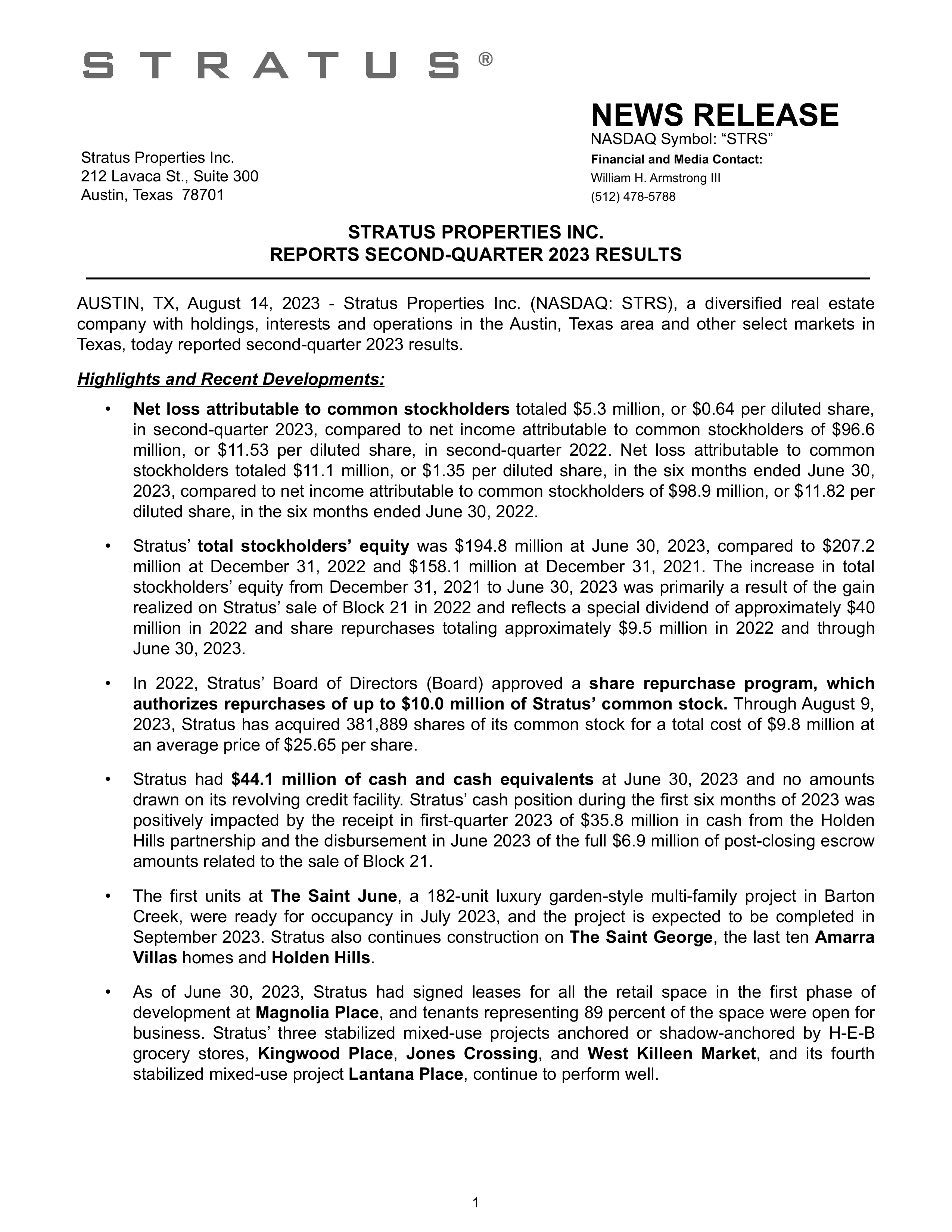 Stratus Properties' Q2 2023 Press Release
