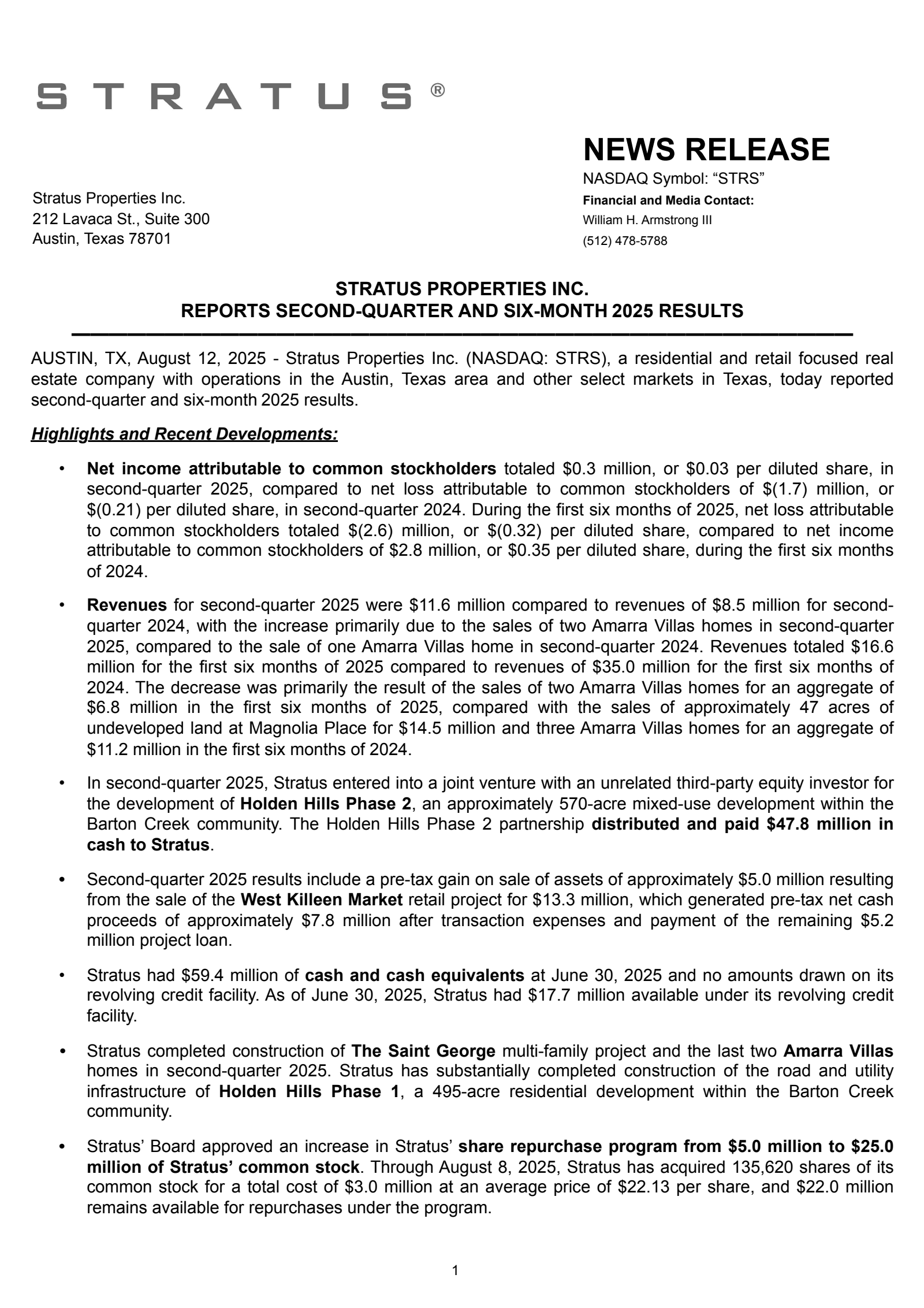 Stratus Properties' Q2 2025 Press Release