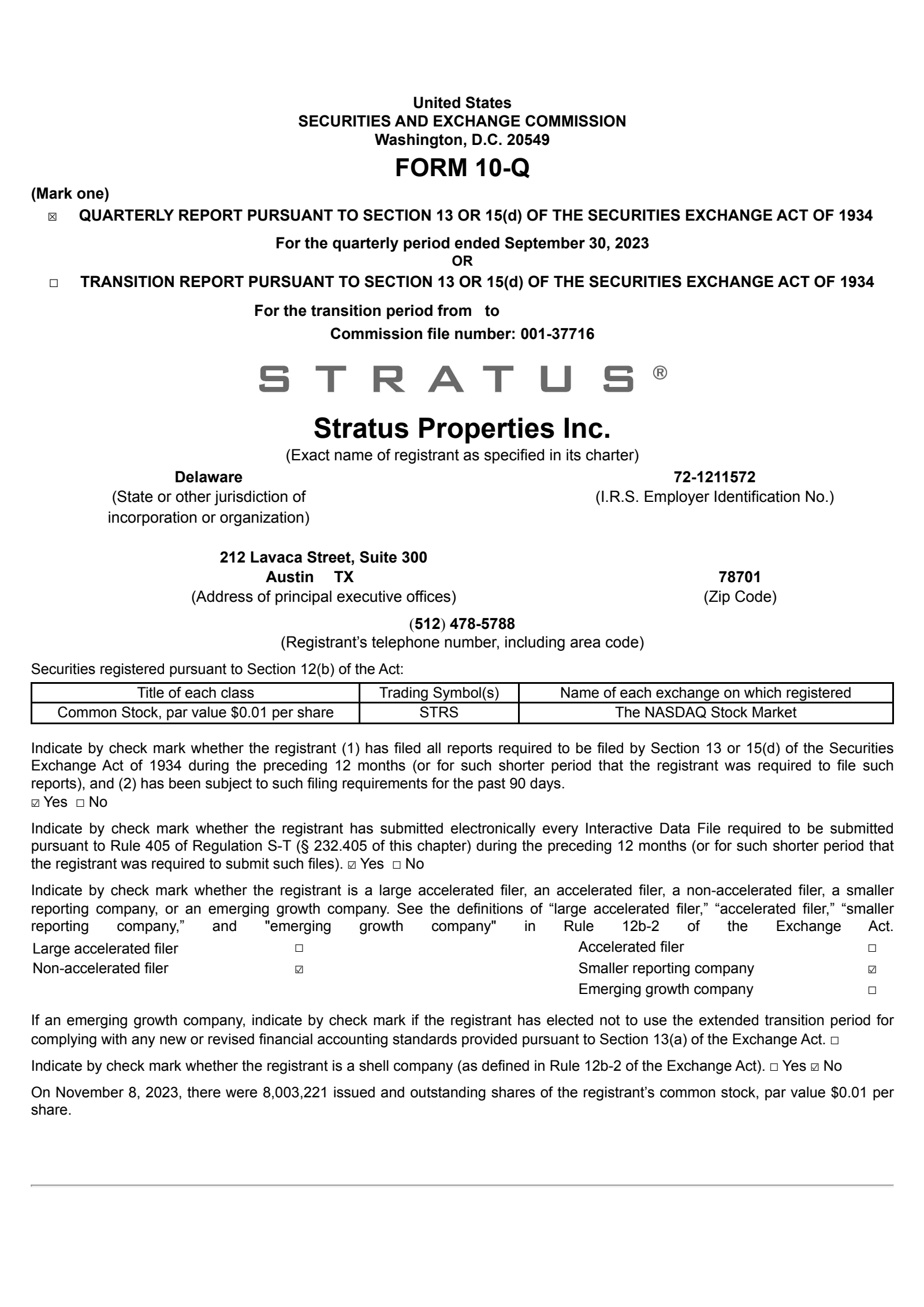 Stratus Properties' Q3 2023 Quarterly report