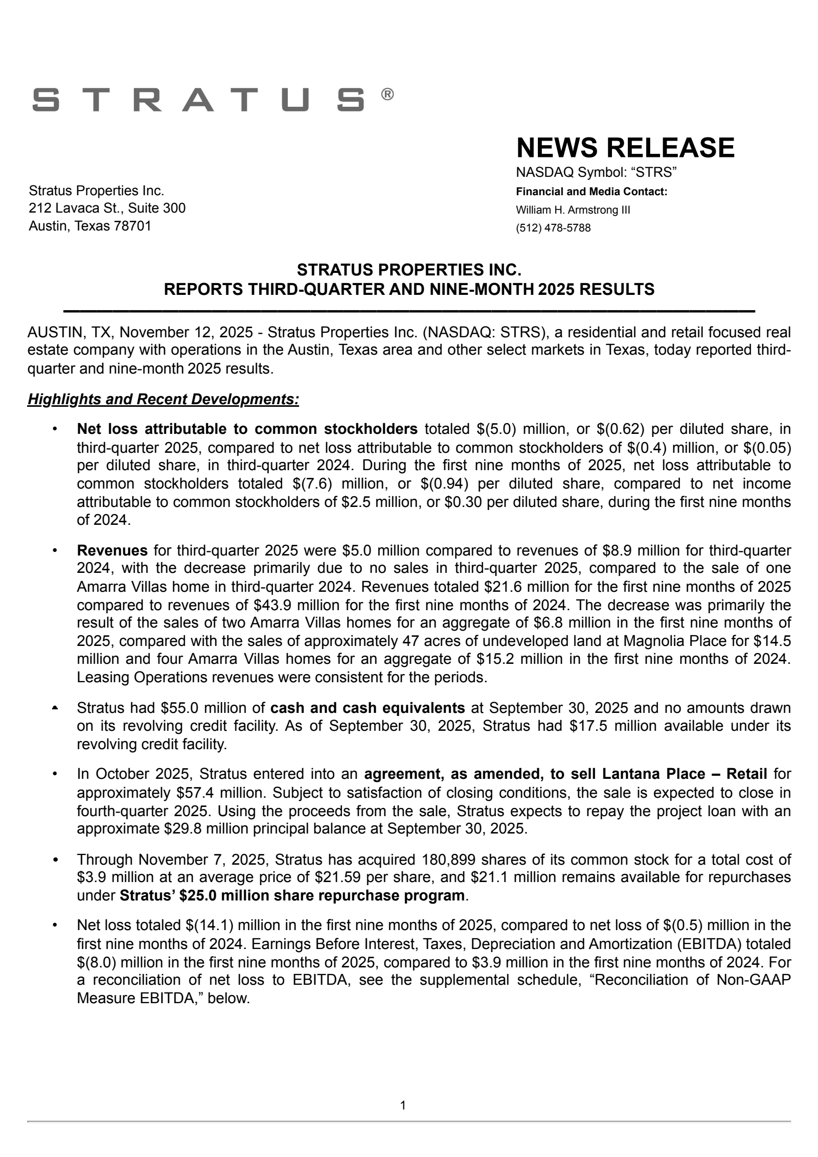 Stratus Properties' Q3 2025 Earnings Release
