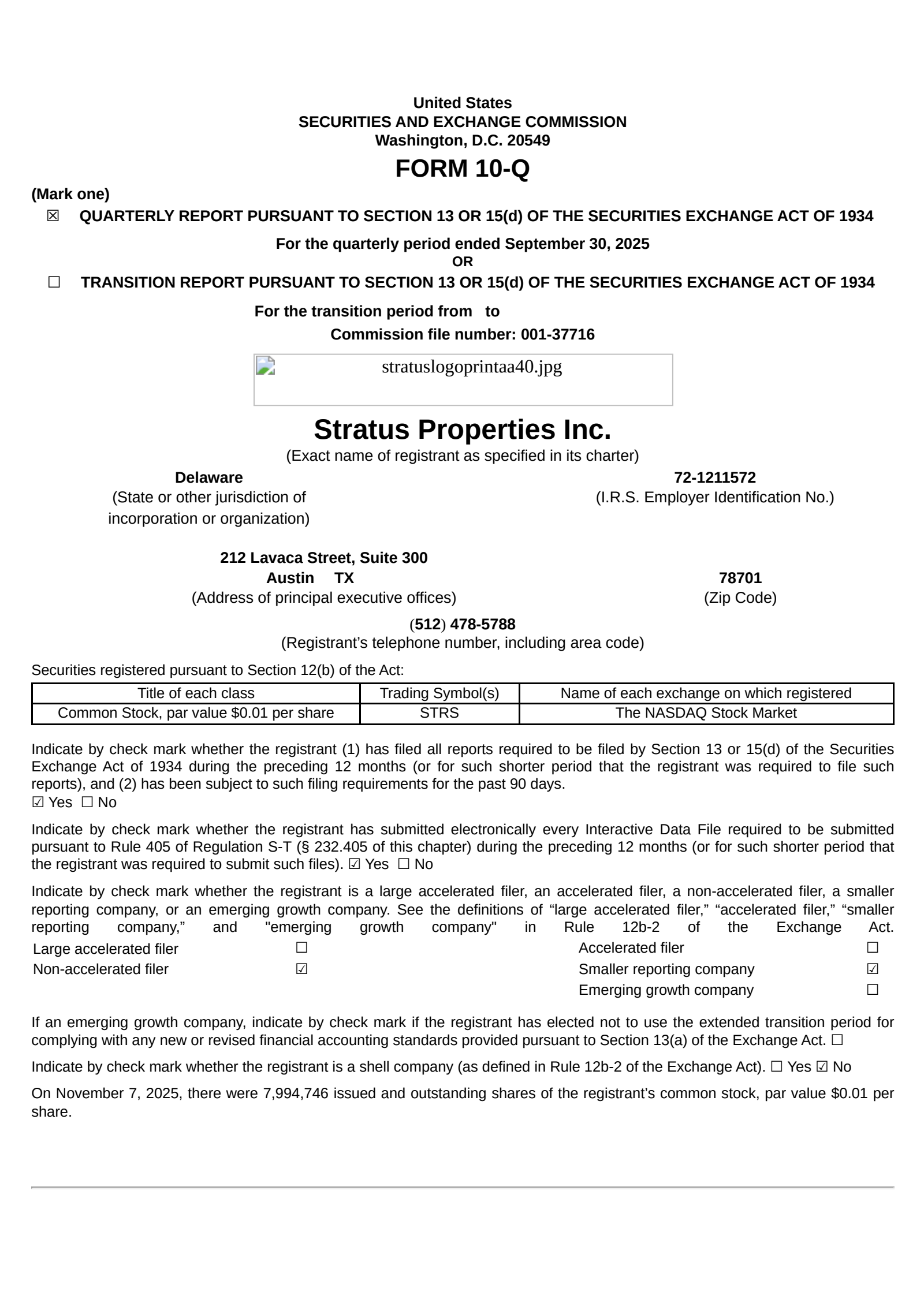 Stratus Properties' Q3 2025 Quarterly Report