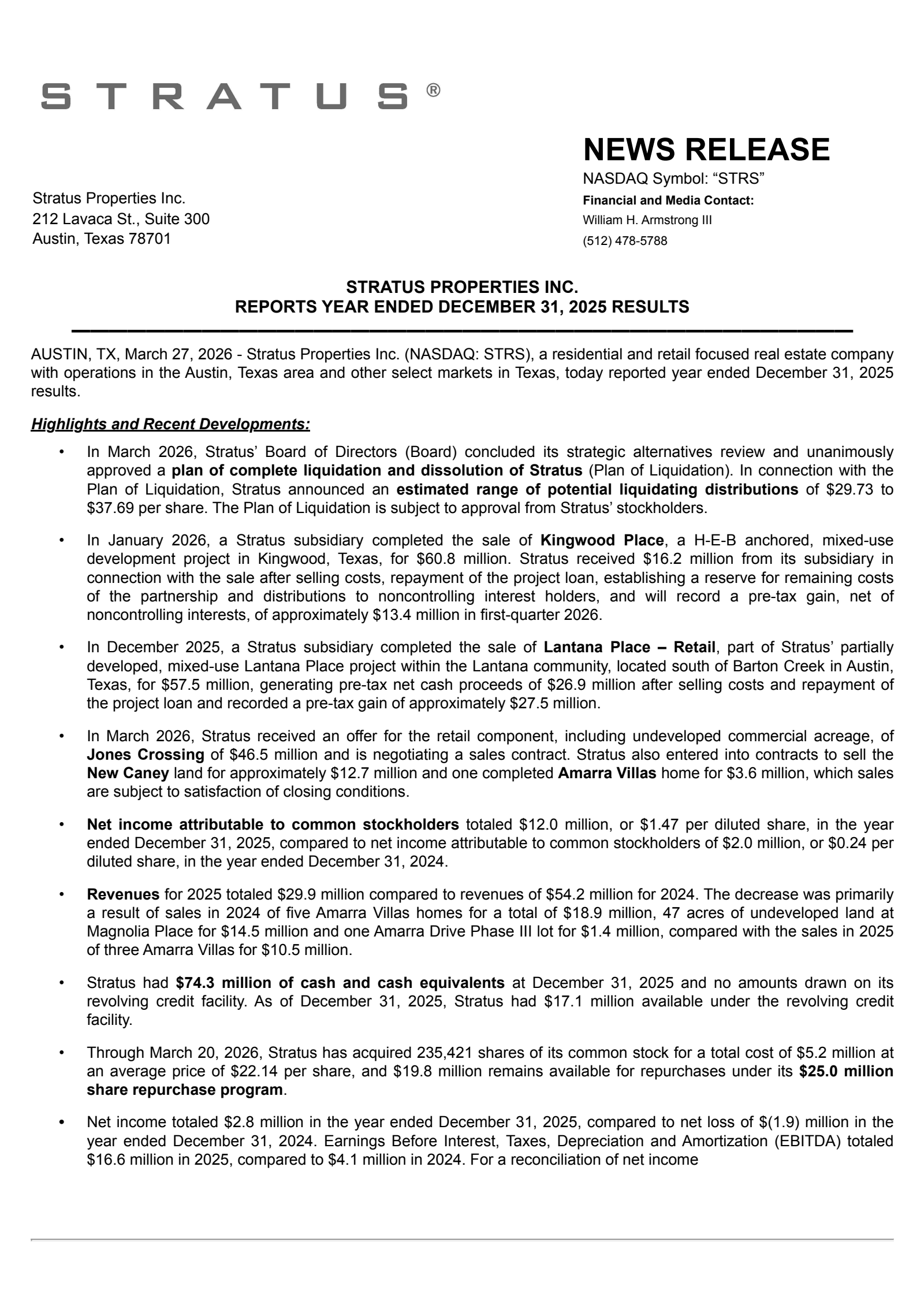 Stratus Properties' Q4 2025 Press Release