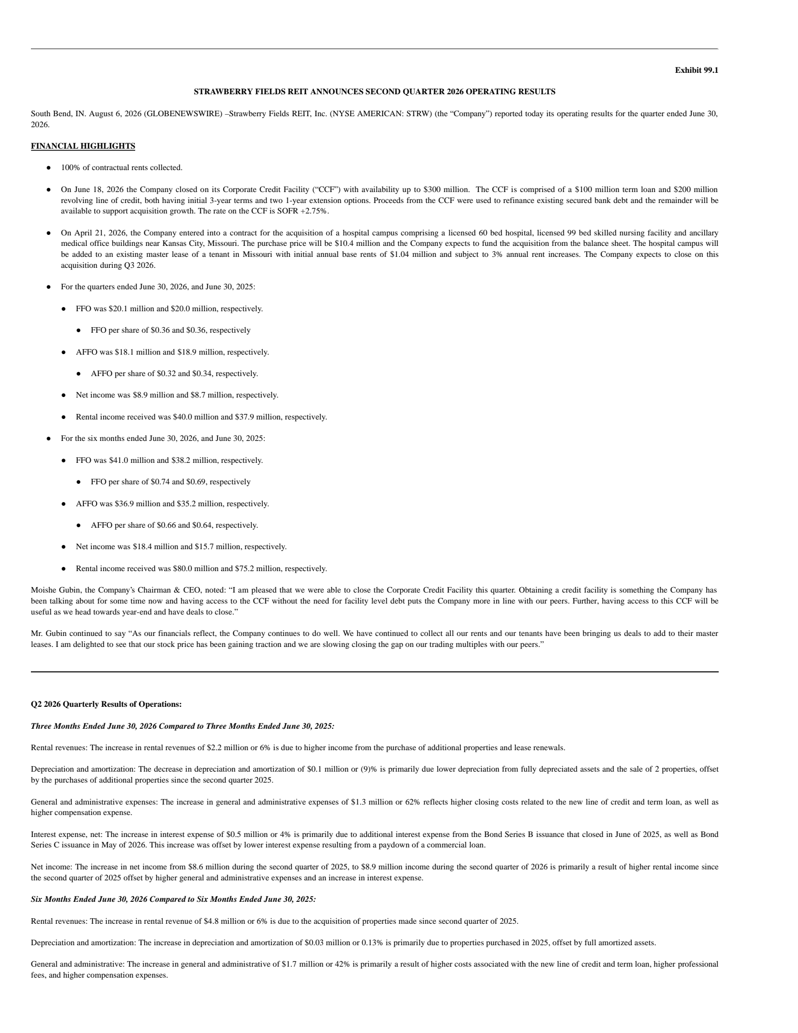 Strawberry Fields REIT's Q2 2026 Press Release
