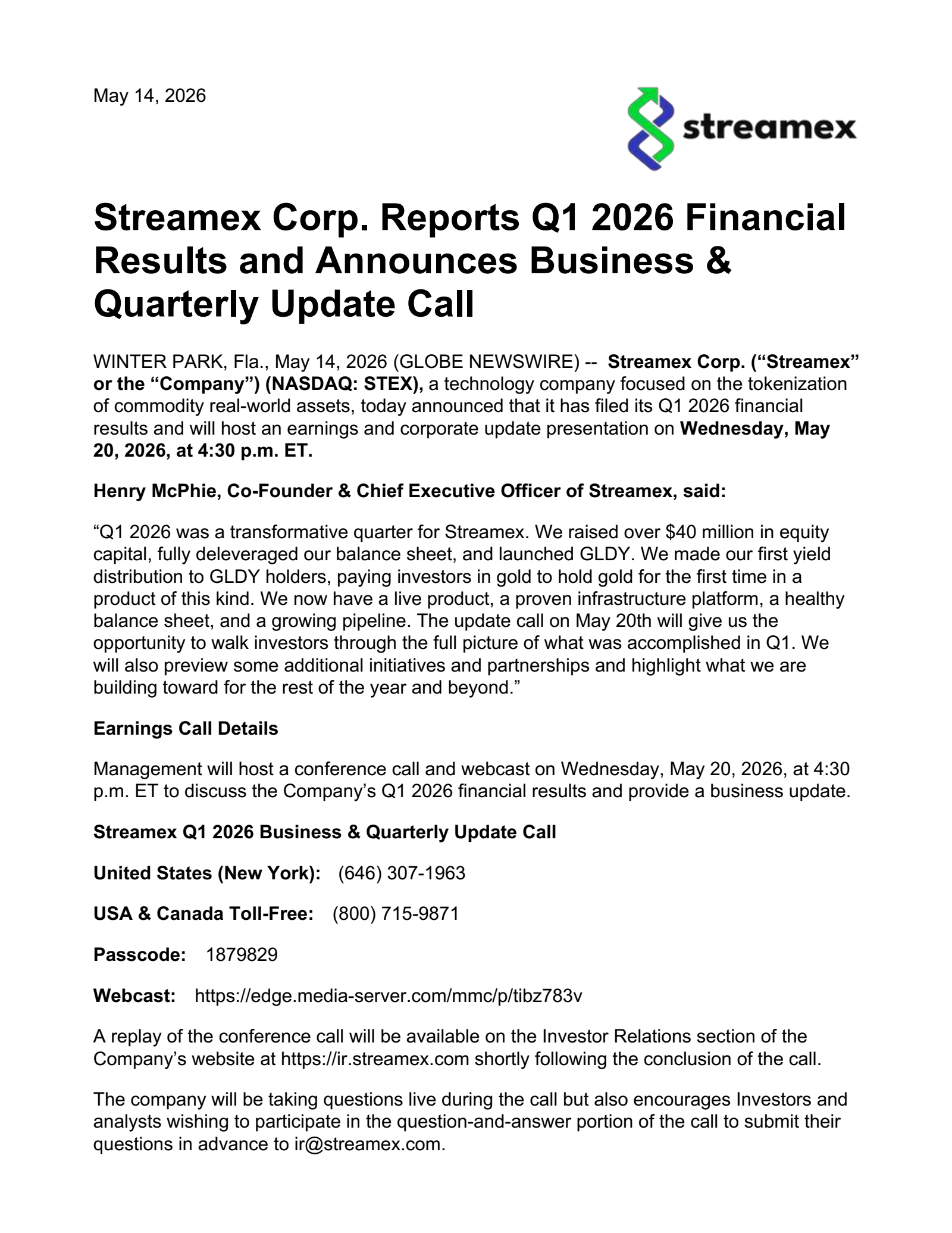 STEX Q1 2026 Earnings Report on 5/14/2026
