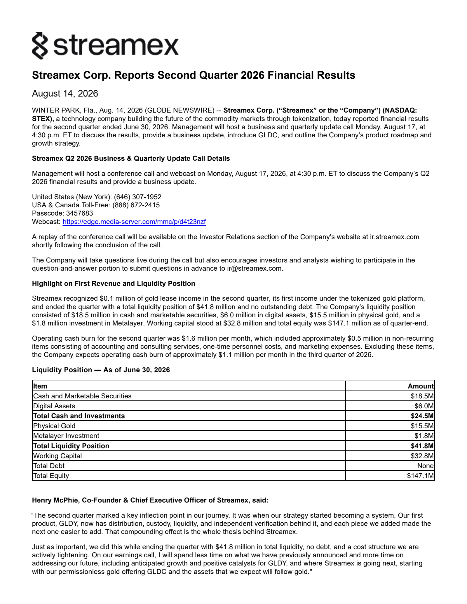 Biosig Technologies' Q2 2026 Press Release