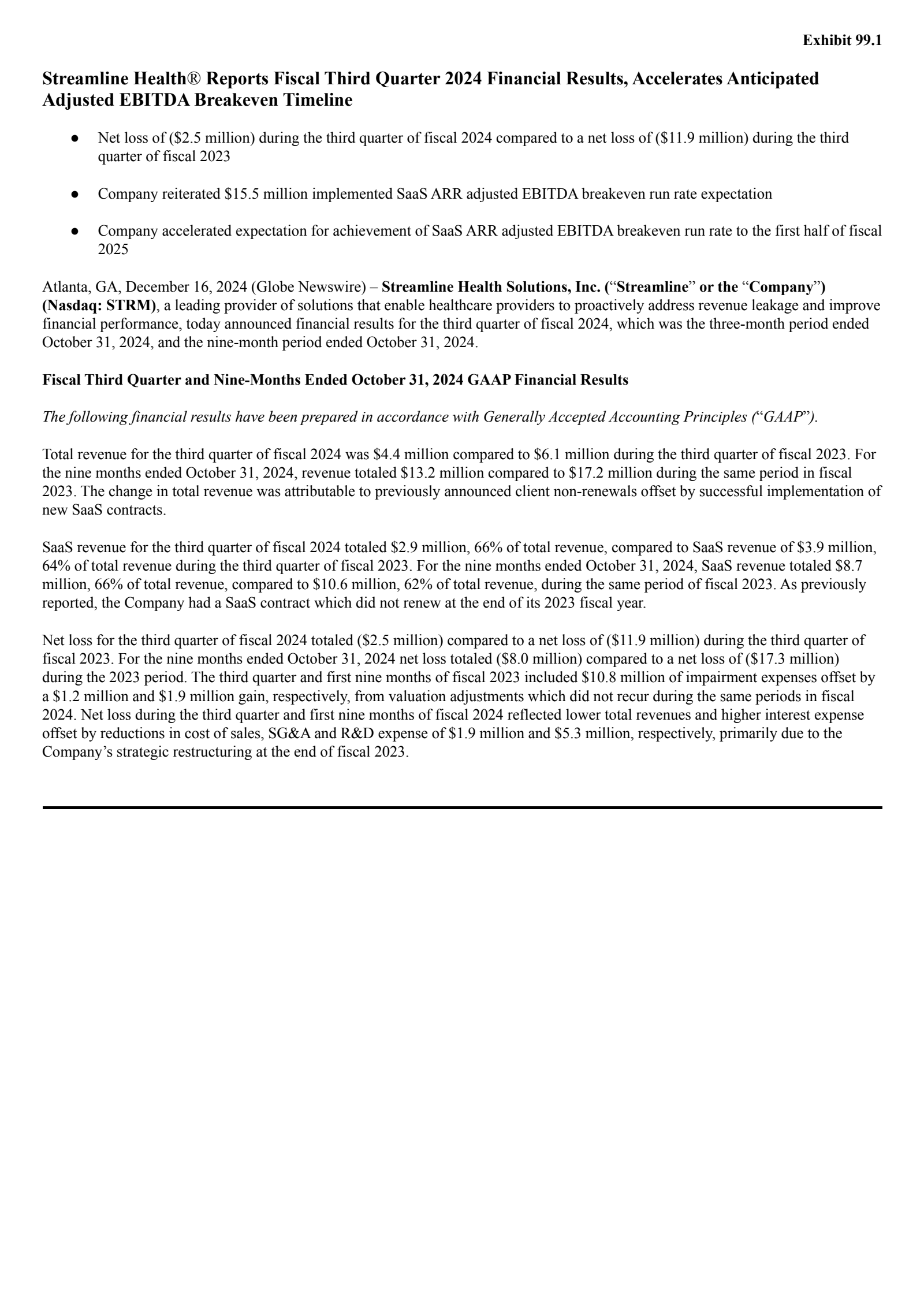 Streamline Health Solutions' Q3 2025 Press Release