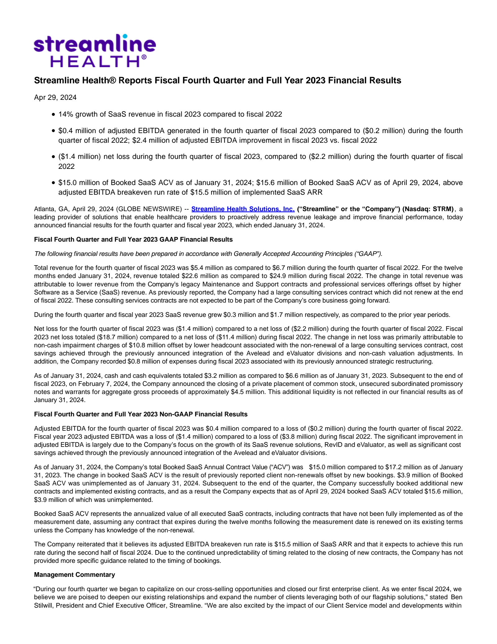 Streamline Health Solutions' Q4 2024 Press Release