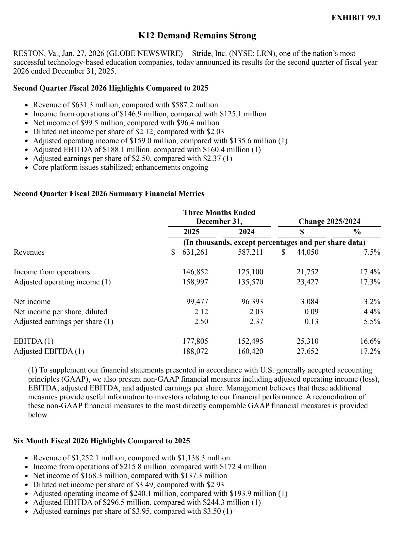 Stride's Q2 2026 Press Release