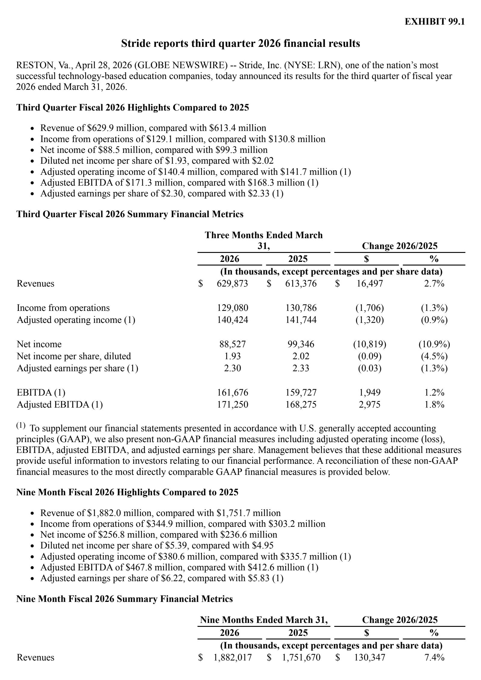Stride's Q3 2026 Press Release