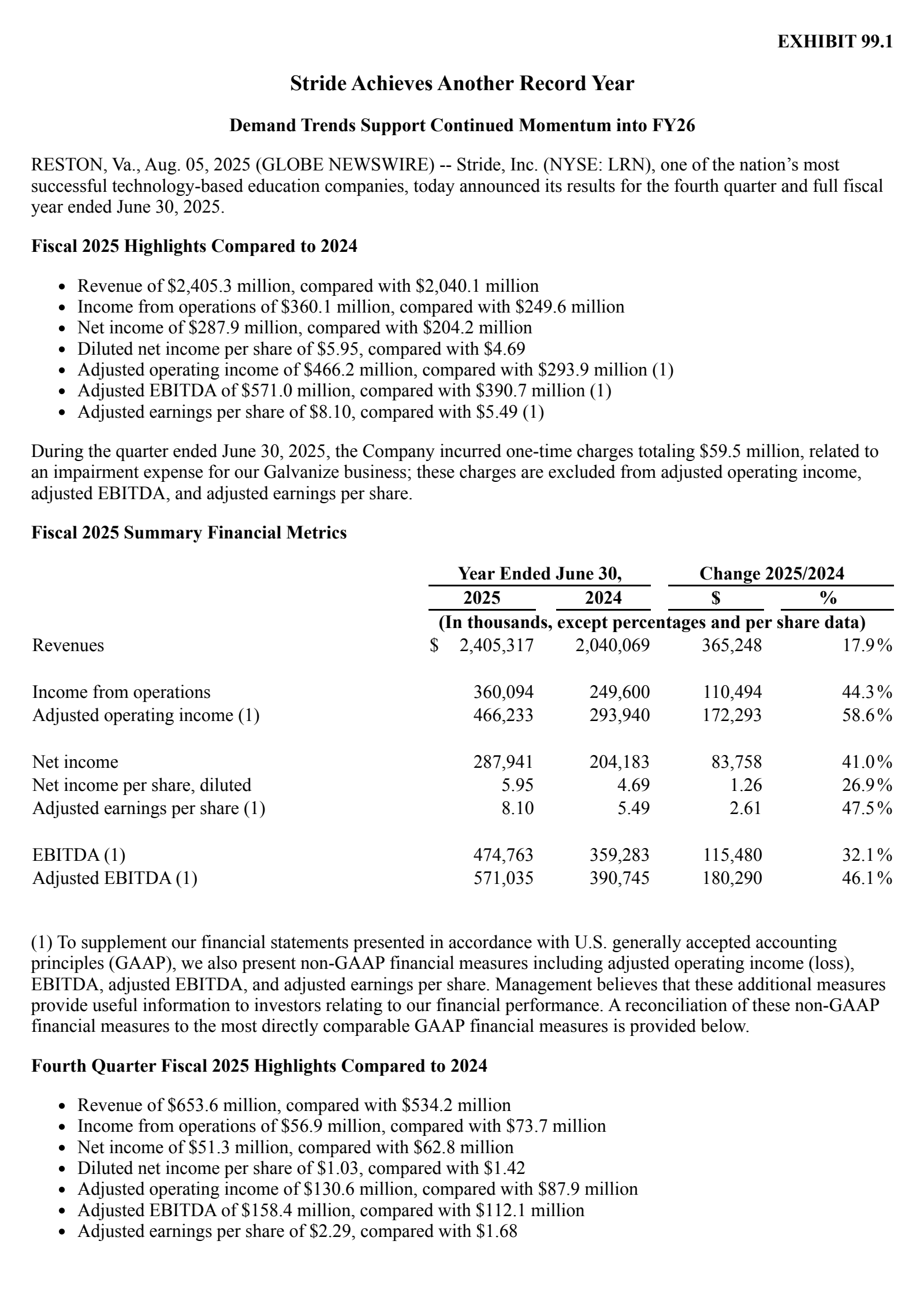 Stride's Q4 2025 Press Release