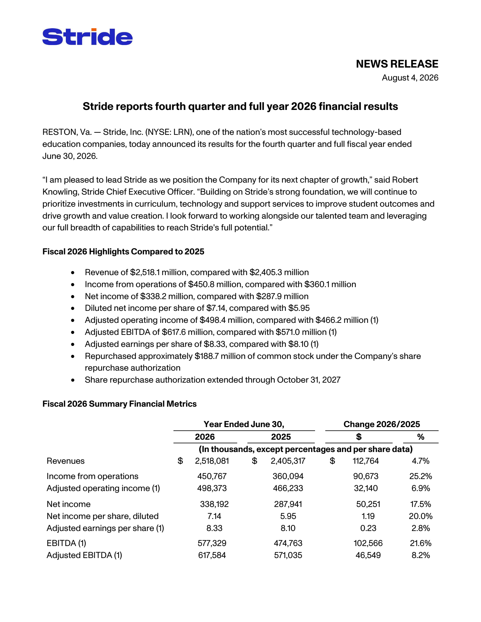 Stride's Q4 2026 Press Release