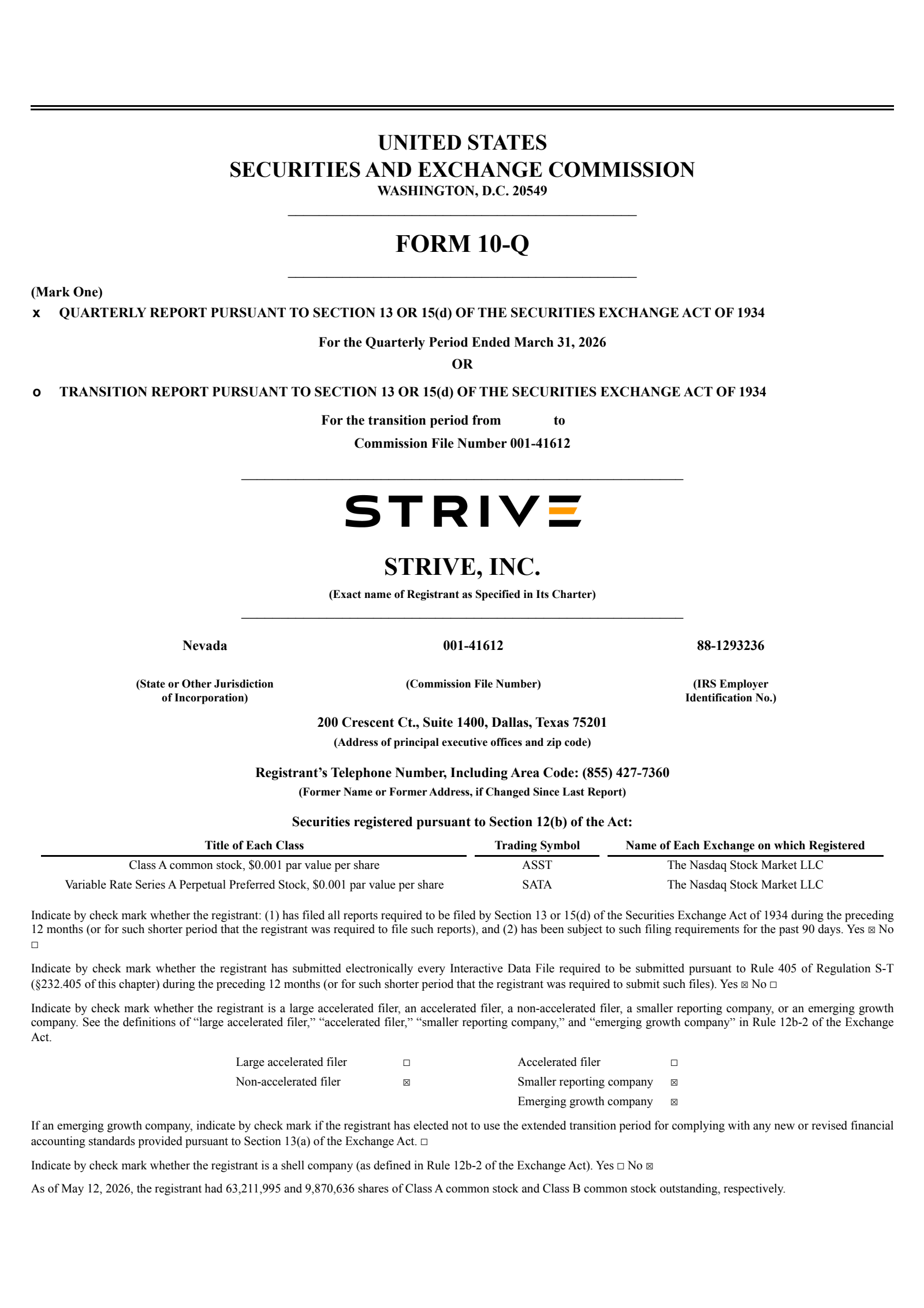 Strive's Q1 2026 Quarterly report