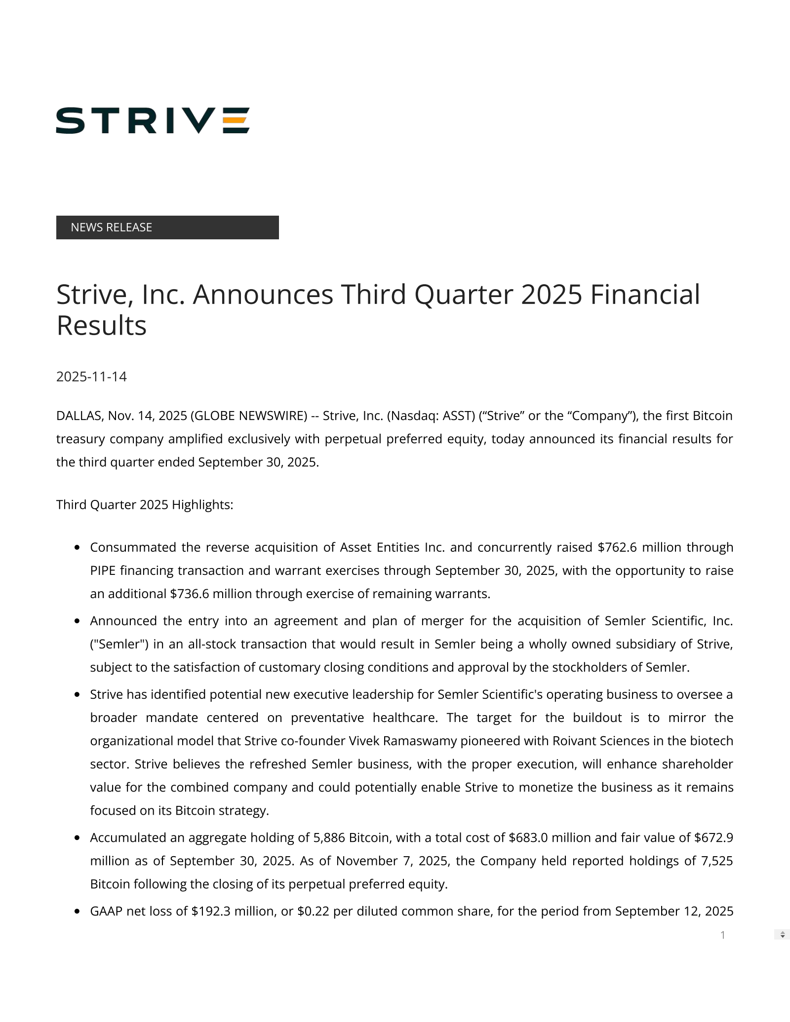 Strive's Q3 2025 Press Release
