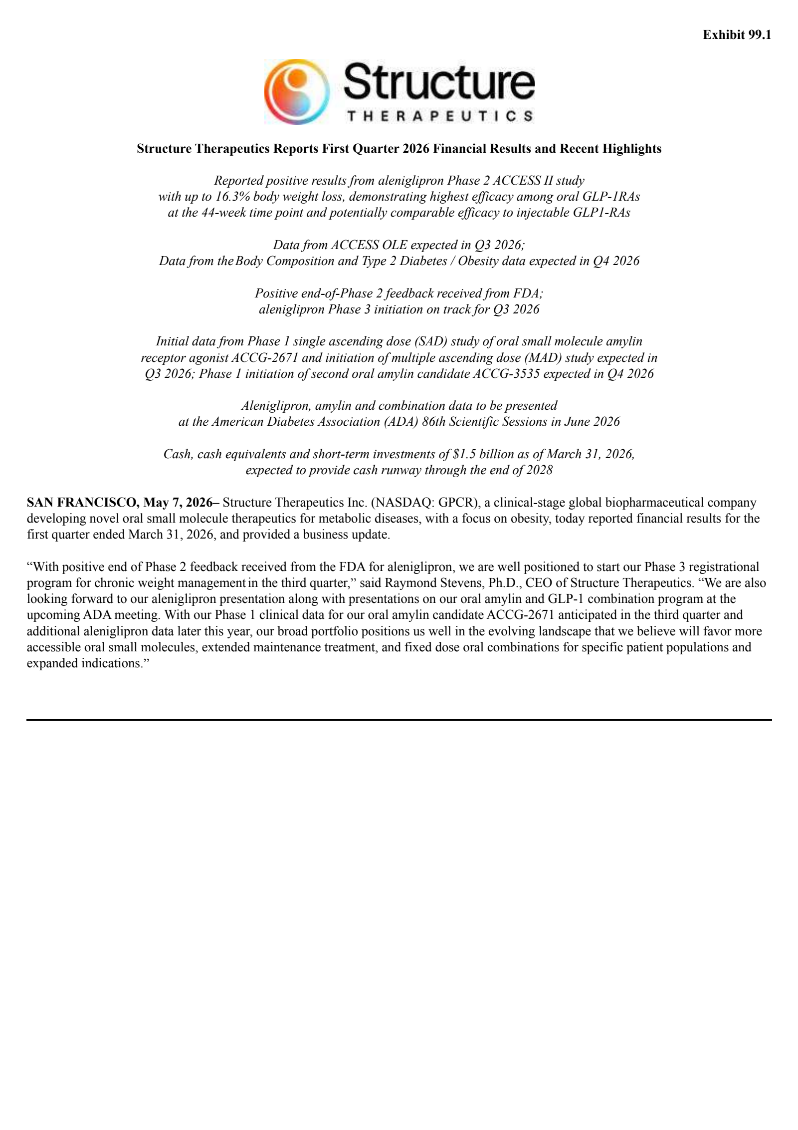 Structure Therapeutics' Q1 2026 Press Release