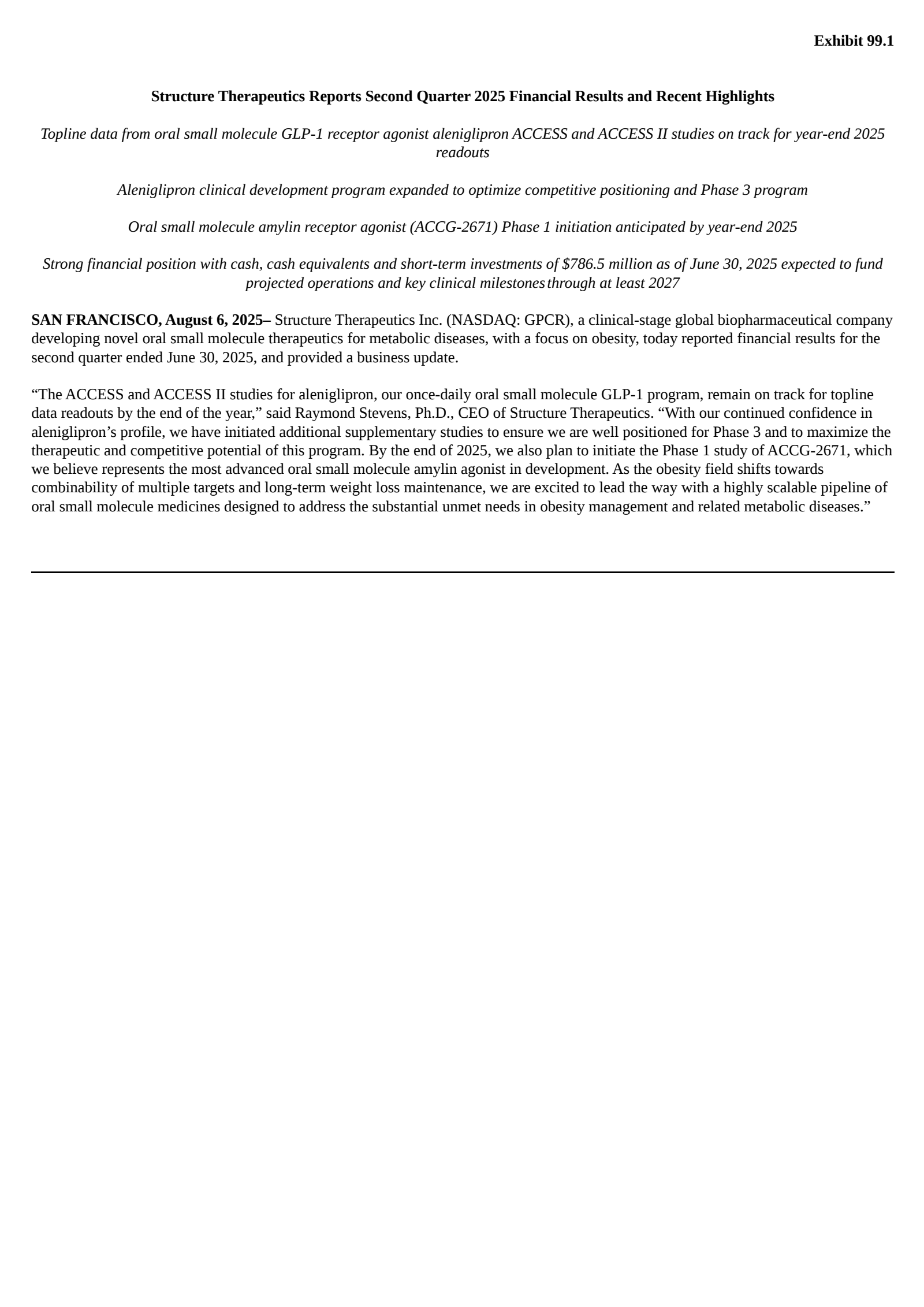 Structure Therapeutics' Q2 2025 Press Release