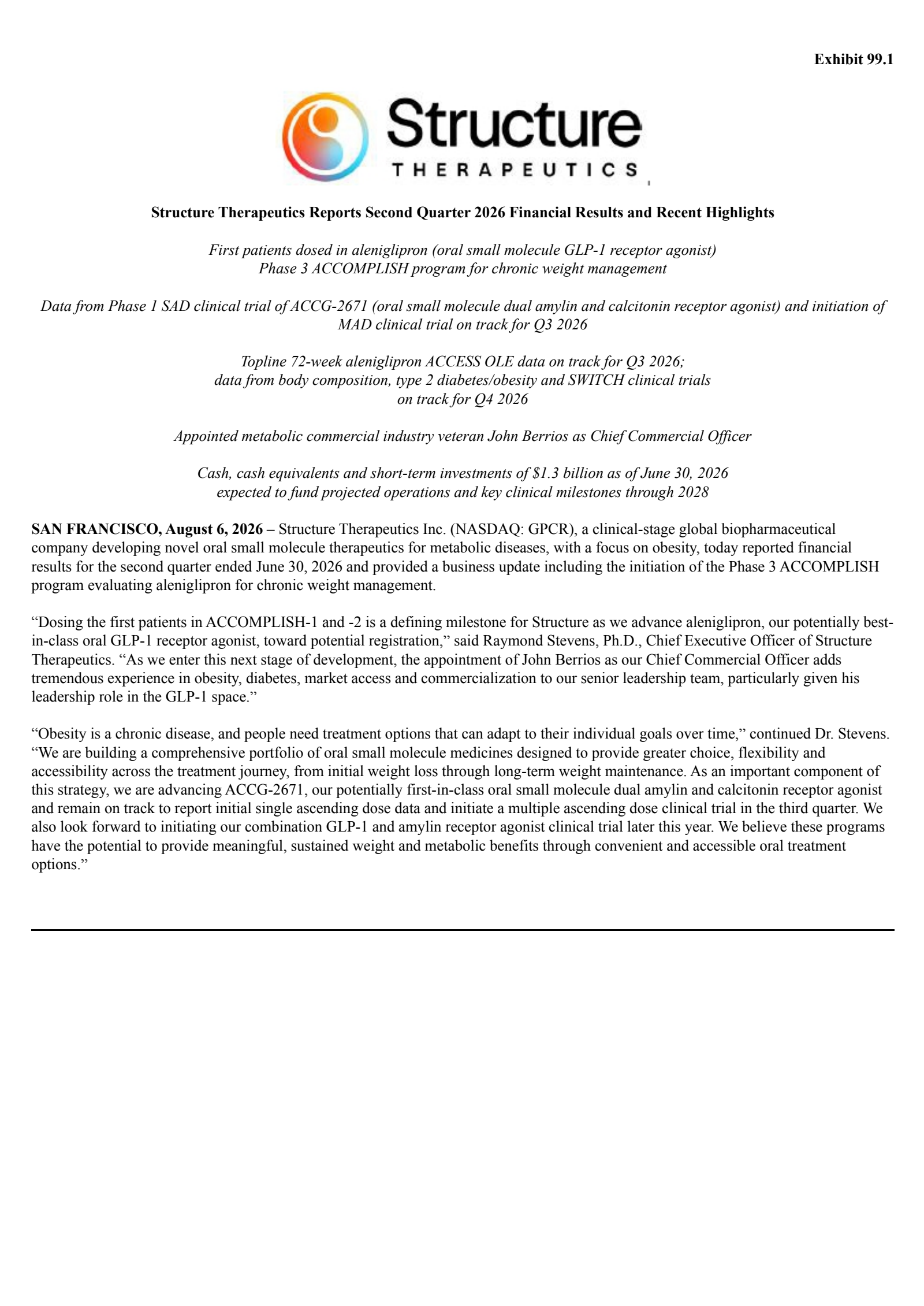 Structure Therapeutics' Q2 2026 Press Release