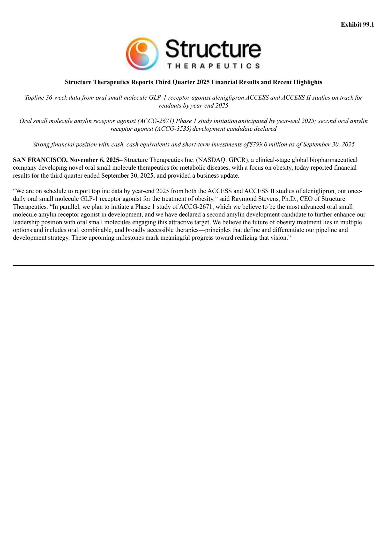 Structure Therapeutics' Q3 2025 Earnings Release