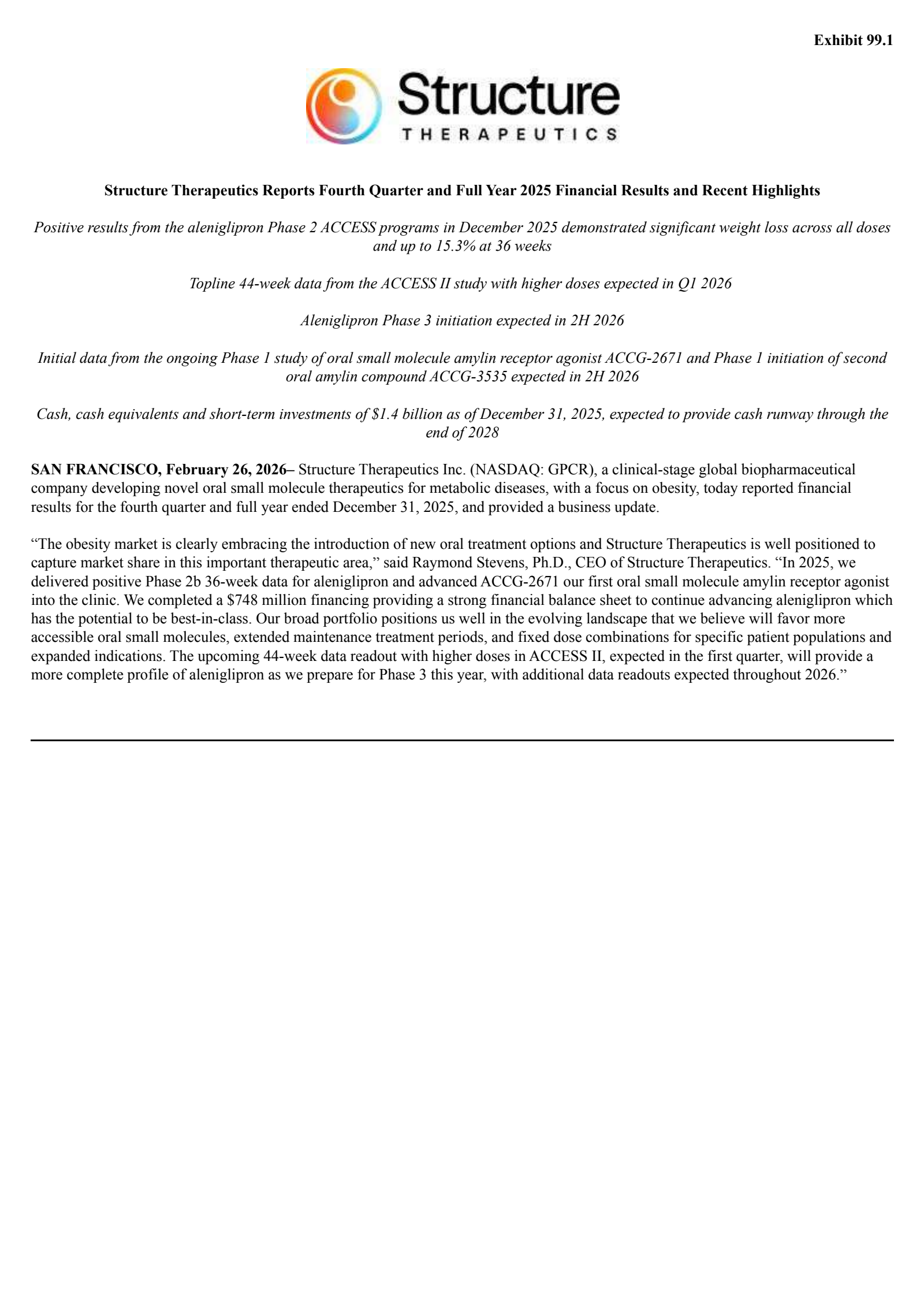 Structure Therapeutics' Q4 2025 Press Release