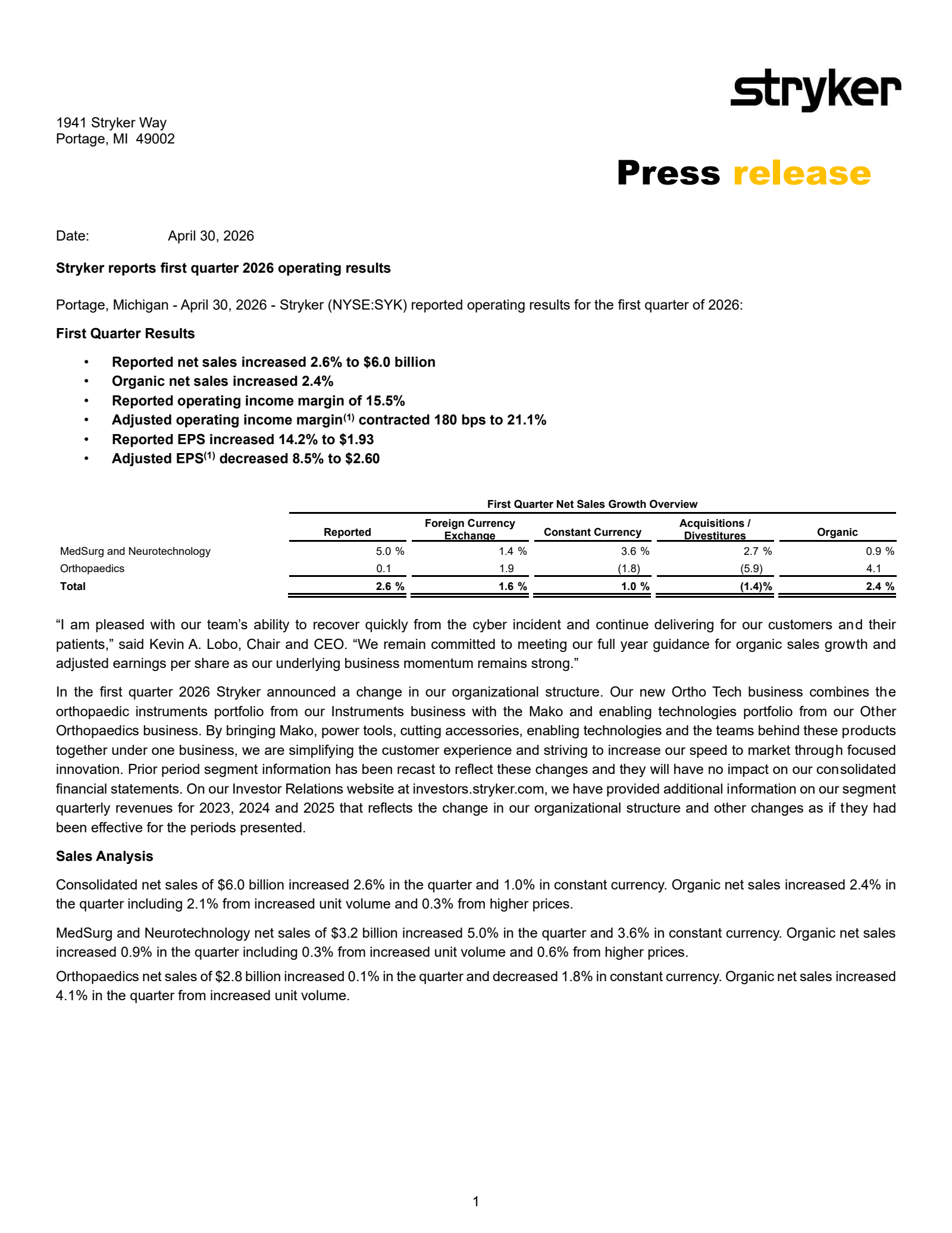 Stryker's Q1 2026 Press Release