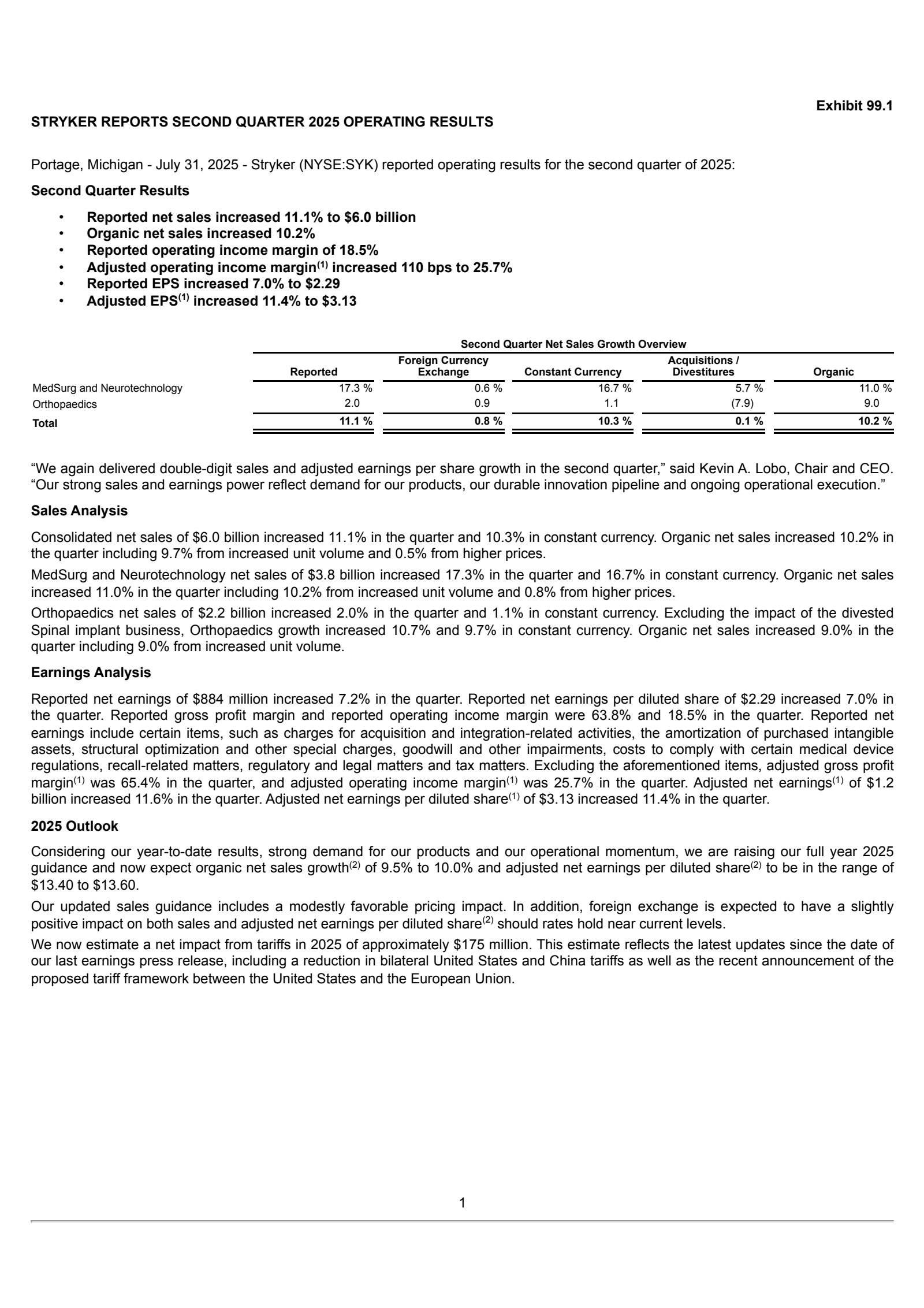 Stryker's Q2 2025 Press Release