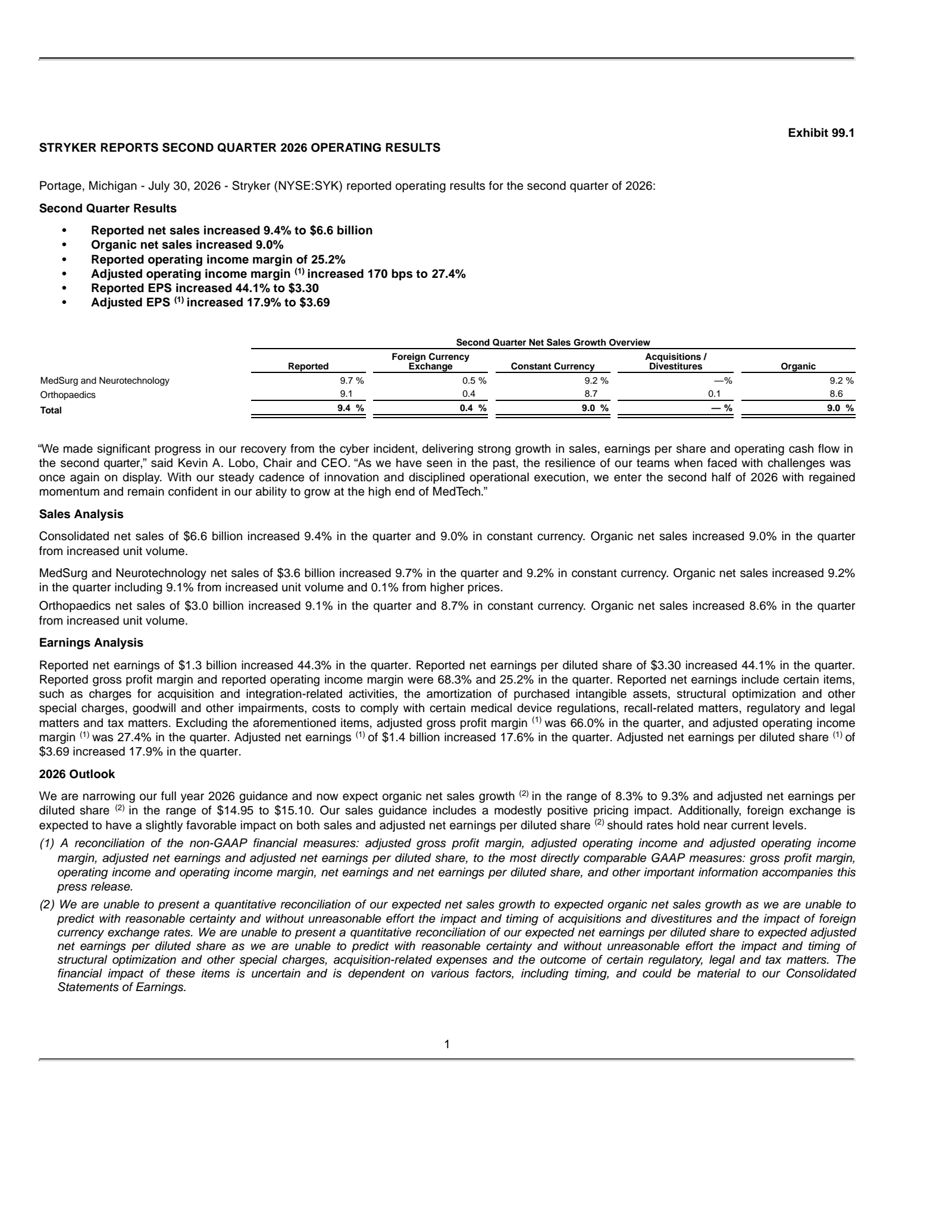 Stryker's Q2 2026 Press Release